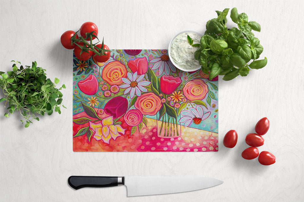 Polka Dots Flowers Cutting Board Tempered Glass Kitchen Cutting Surface, Heat Resistant Chopping, Non-Slip Feet, Food Prep & Serving
