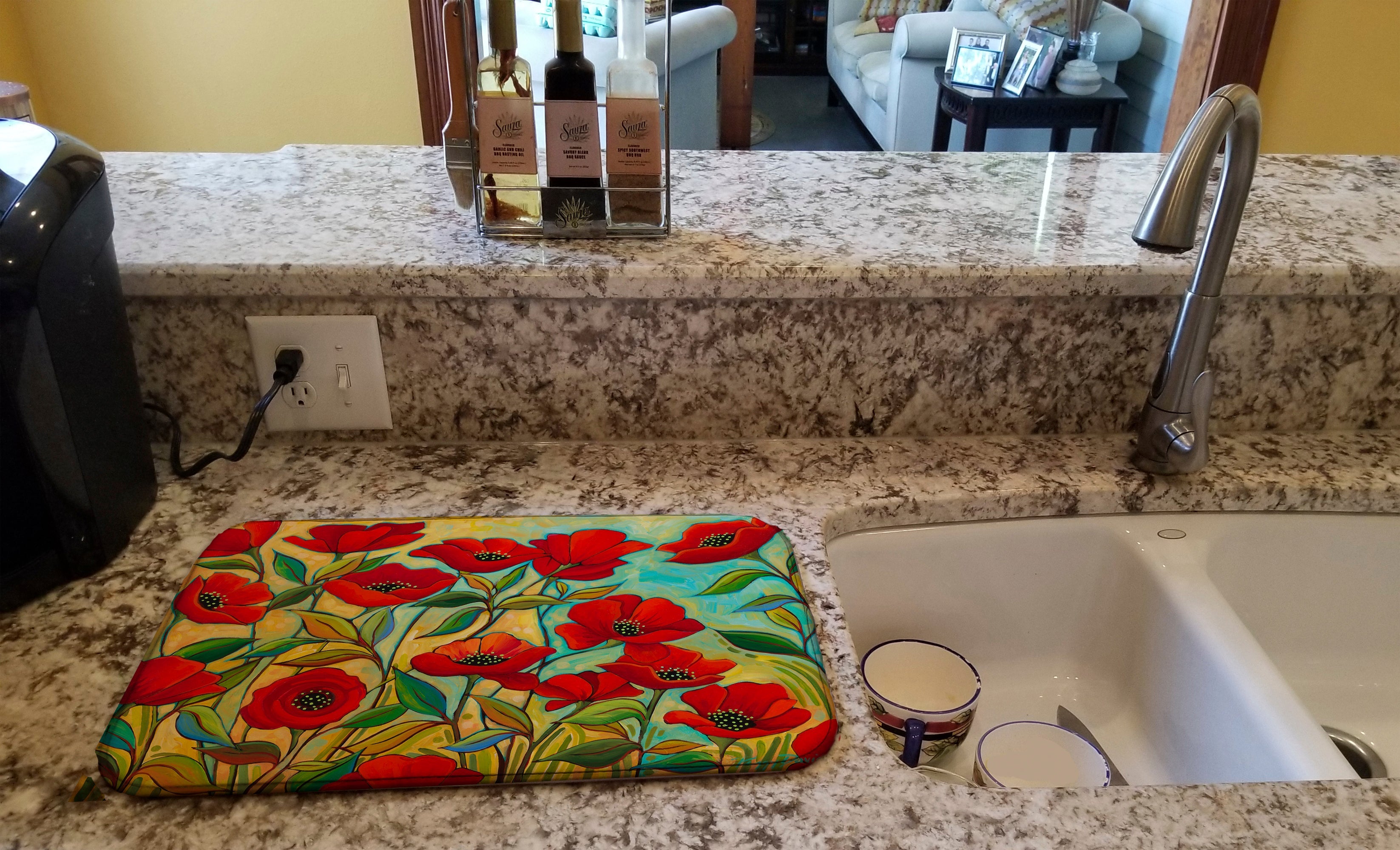 Poppy Garden Flowers Dish Drying Mat Absorbent Dish Drying Mat Pad for Kitchen Counter Dish Drainer Mat for Countertop, 14 x 21", Multicolor