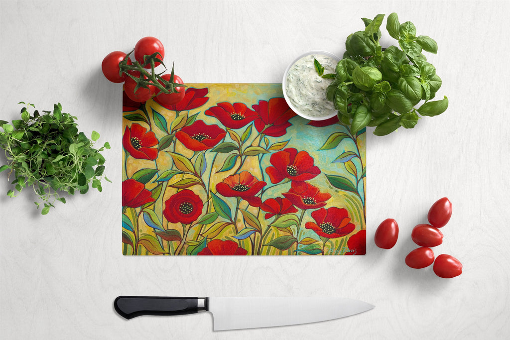 Poppy Garden Flowers Cutting Board Tempered Glass Kitchen Cutting Surface, Heat Resistant Chopping, Non-Slip Feet, Food Prep & Serving