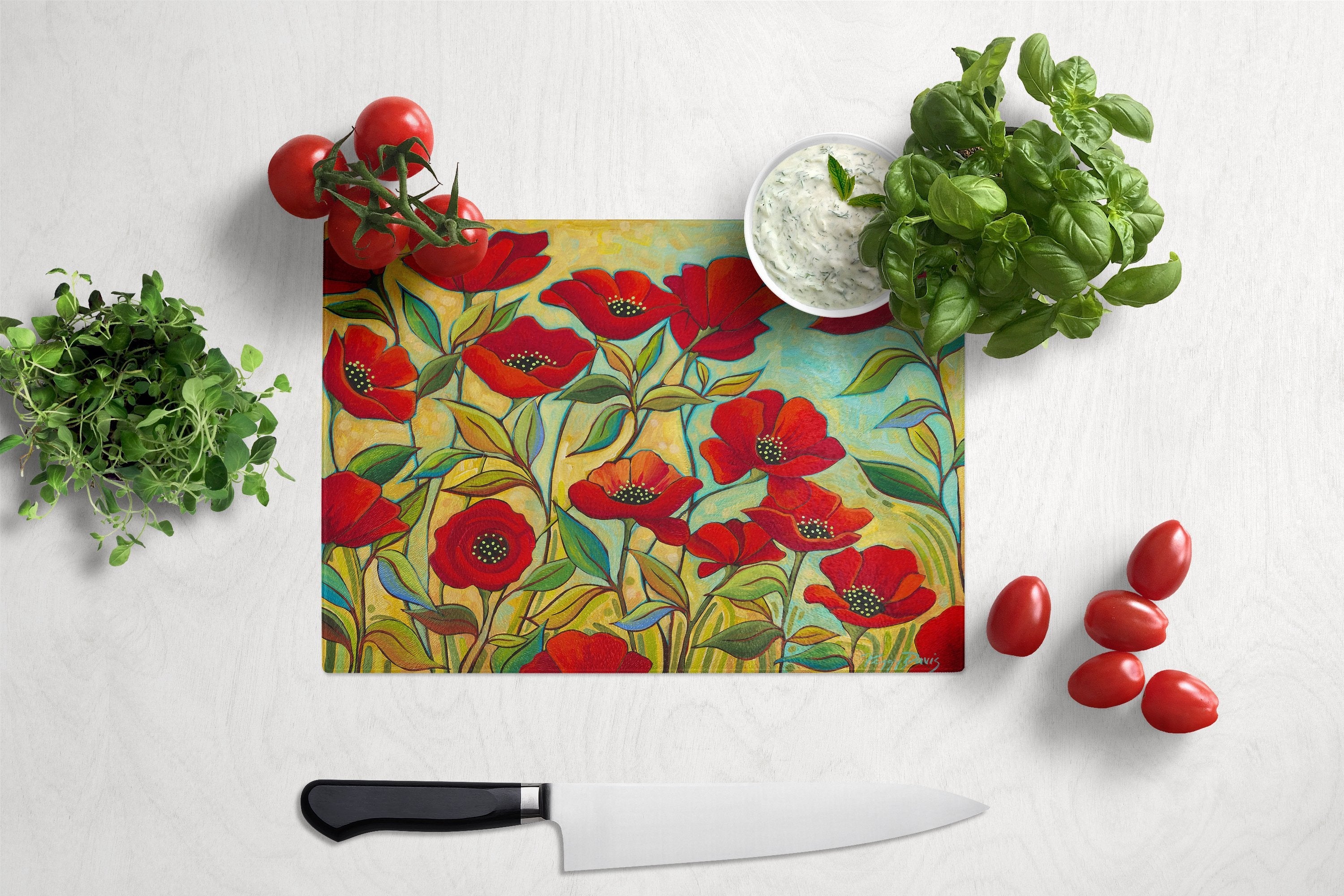 Poppy Garden Flowers Cutting Board Tempered Glass Kitchen Cutting Surface, Heat Resistant Chopping, Non-Slip Feet, Food Prep & Serving