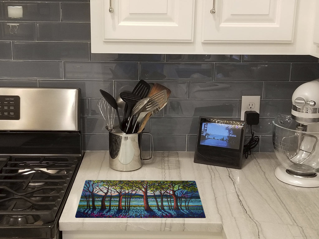 Tanzanite River Cutting Board Tempered Glass Kitchen Cutting Surface, Heat Resistant Chopping, Non-Slip Feet, Food Prep & Serving