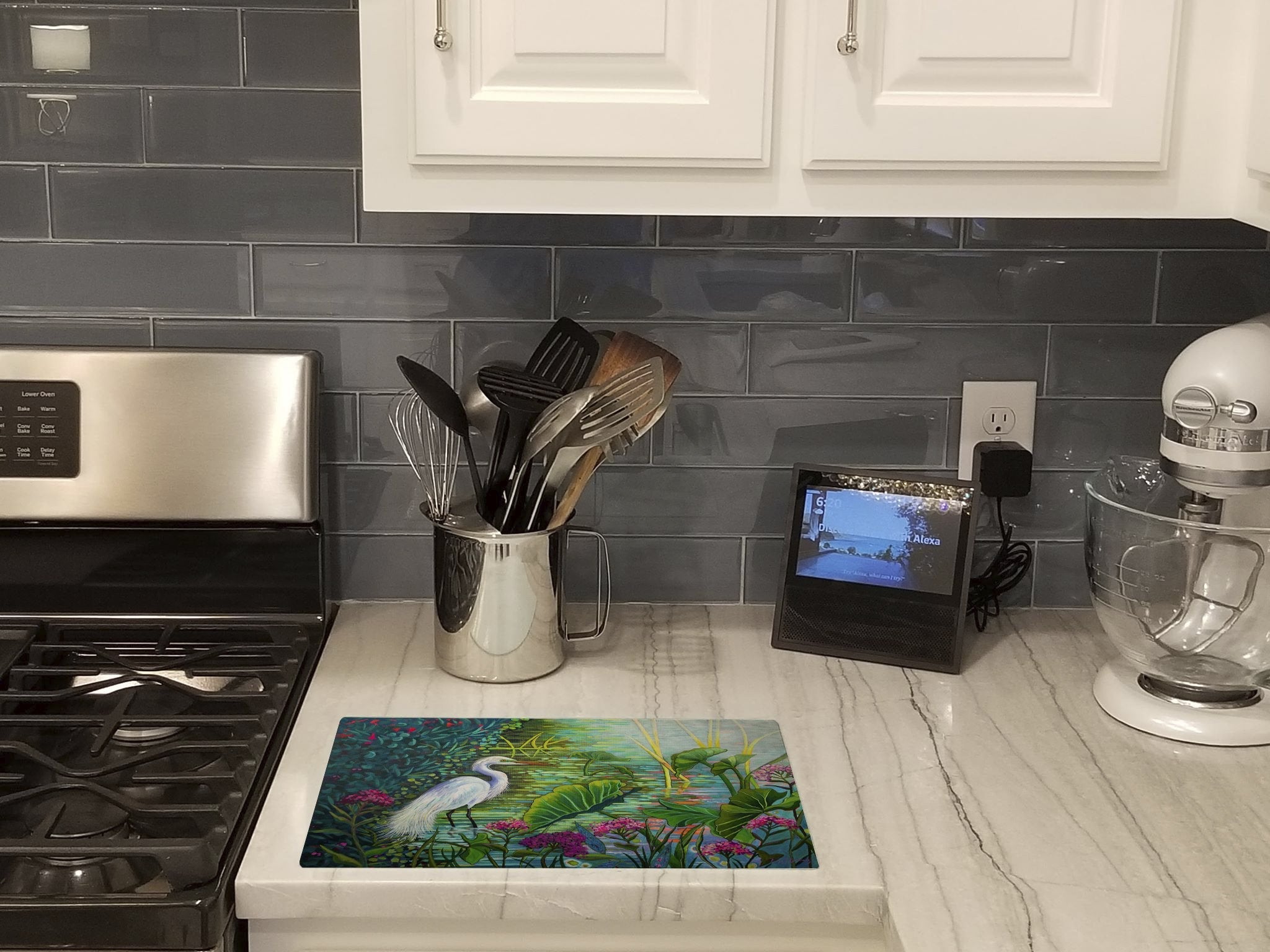 Testing the Waters Heron Cutting Board Tempered Glass Kitchen Cutting Surface, Heat Resistant Chopping, Non-Slip Feet, Food Prep & Serving
