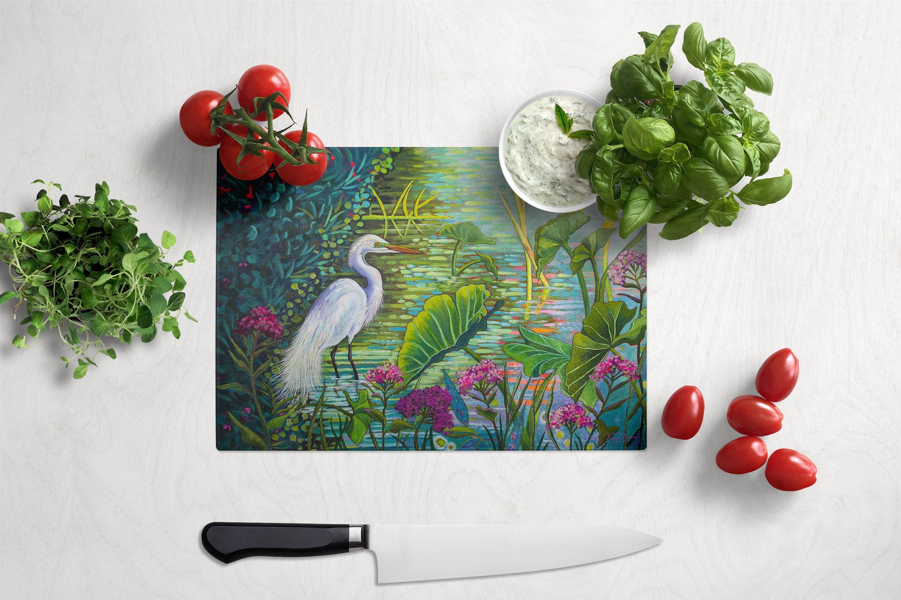 Testing the Waters Heron Cutting Board Tempered Glass Kitchen Cutting Surface, Heat Resistant Chopping, Non-Slip Feet, Food Prep & Serving