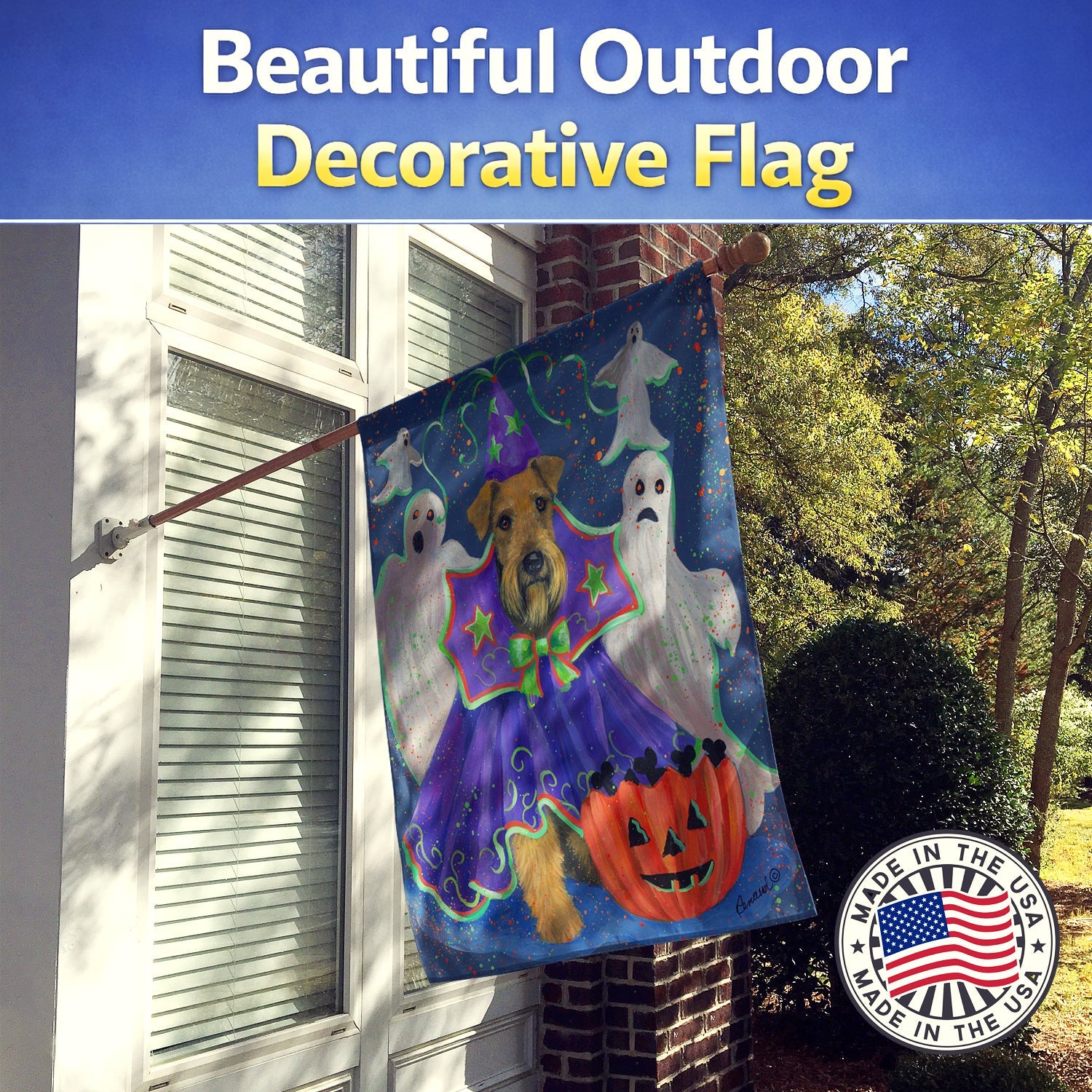 Airedale Boo Hoo Halloween House Flag 28x40 Porch Sleeve Pole Decorative Outside Yard Banner Artwork Wall Hanging, Polyester