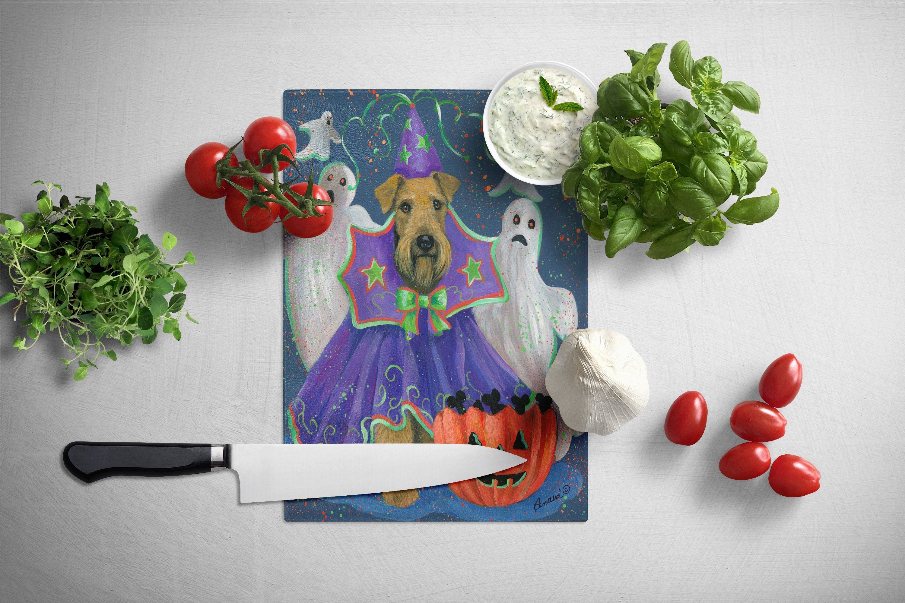 Airedale Boo Hoo Halloween Cutting Board Tempered Glass Kitchen Cutting Surface, Heat Resistant Chopping, Non-Slip Feet, Food Prep & Serving