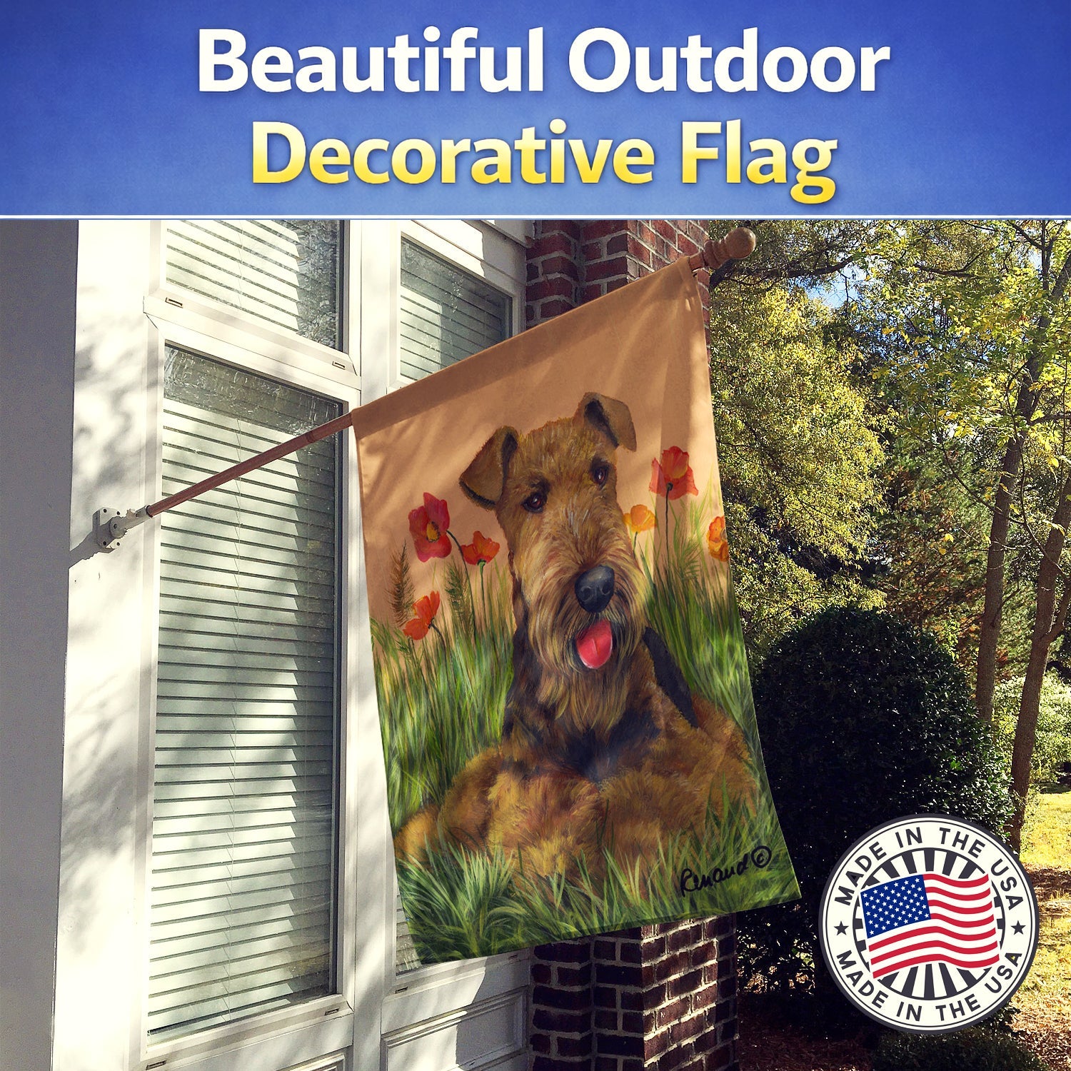 Airedale Terrier Poppies House Flag 28x40 Porch Sleeve Pole Decorative Outside Yard Banner Artwork Wall Hanging, Polyester