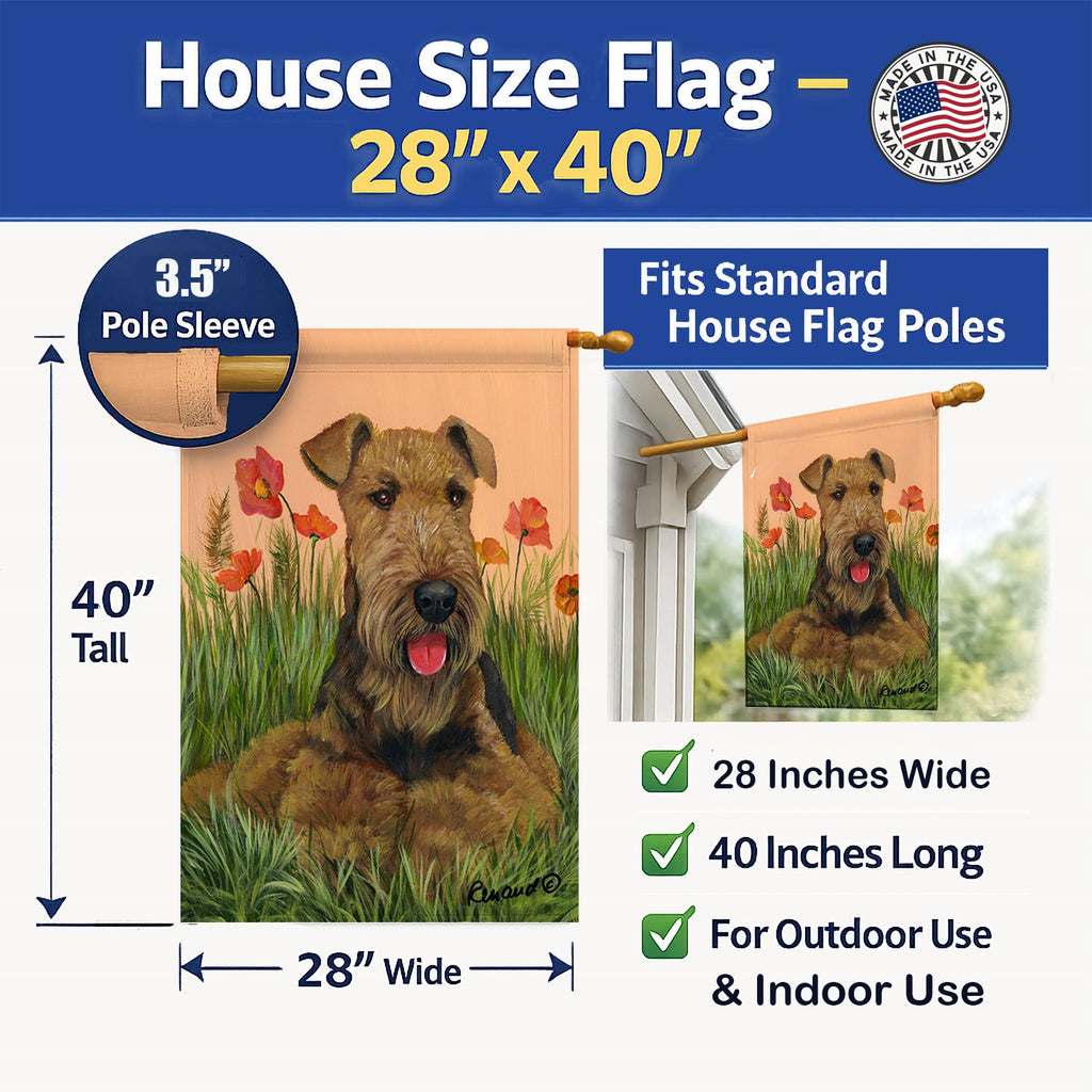 Airedale Terrier Poppies House Flag 28x40 Porch Sleeve Pole Decorative Outside Yard Banner Artwork Wall Hanging, Polyester