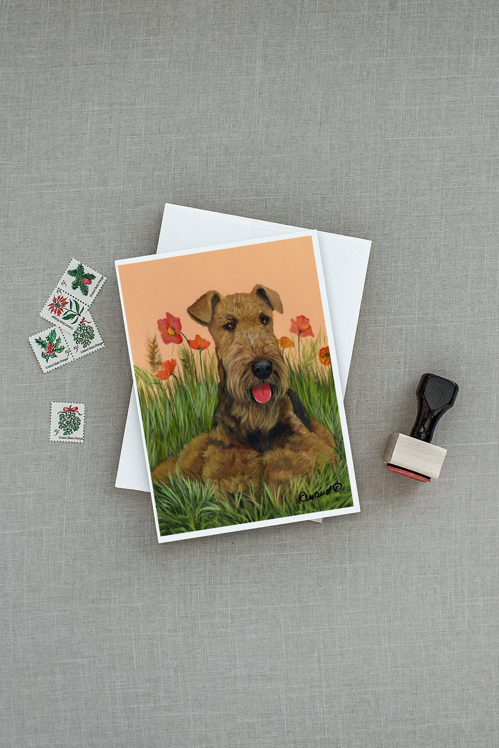 Airedale Terrier Poppies Greeting Cards Pack of 8 Blank Cards with Envelopes Whimsical A7 Size 5x7