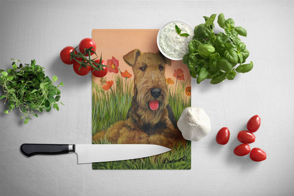 Airedale Terrier Poppies Cutting Board Tempered Glass Kitchen Cutting Surface, Heat Resistant Chopping, Non-Slip Feet, Food Prep & Serving