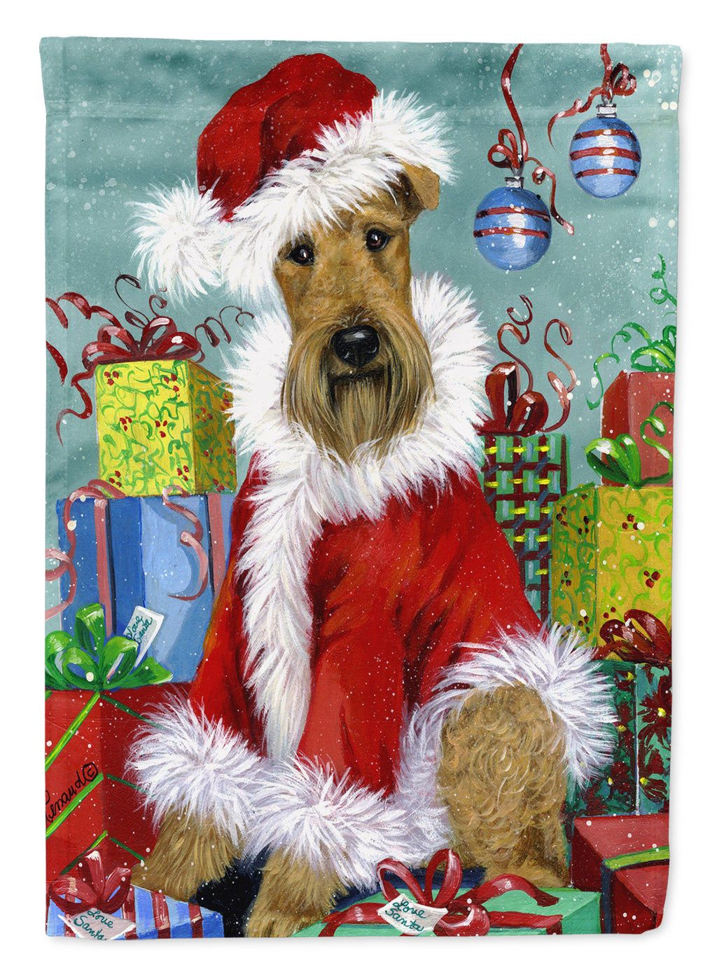 Airedale Santa Christmas House Flag 28x40 Porch Sleeve Pole Decorative Outside Yard Banner Artwork Wall Hanging, Polyester