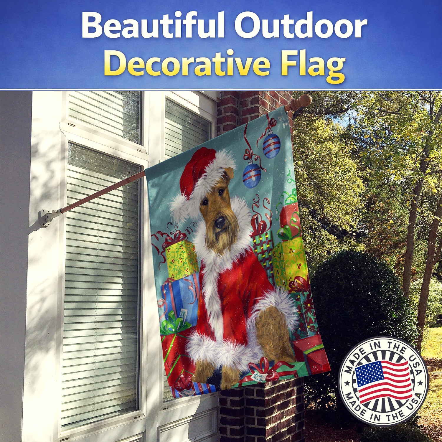 Airedale Santa Christmas House Flag 28x40 Porch Sleeve Pole Decorative Outside Yard Banner Artwork Wall Hanging, Polyester