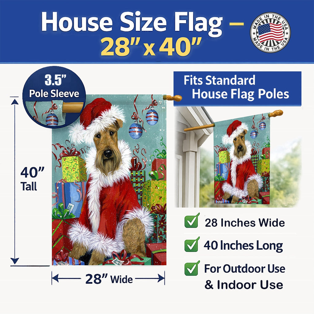 Airedale Santa Christmas House Flag 28x40 Porch Sleeve Pole Decorative Outside Yard Banner Artwork Wall Hanging, Polyester