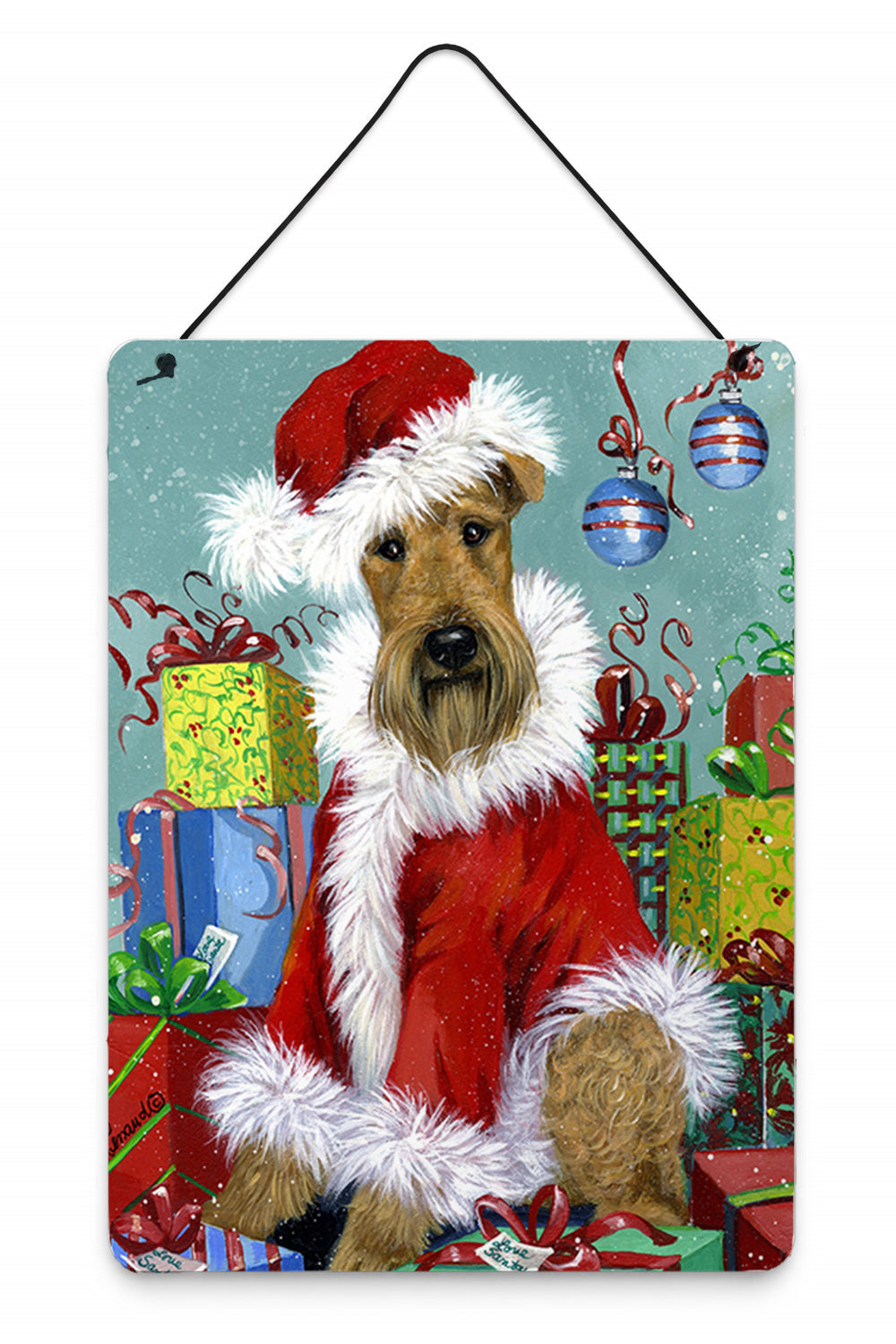 Airedale Santa Christmas Wall or Door Hanging Prints Aluminum Metal Sign Kitchen Wall Bar Bathroom Plaque Home Decor Front Door Plaque, 12x16, Multicolor