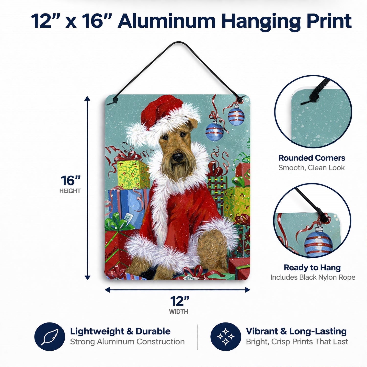 Airedale Santa Christmas Wall or Door Hanging Prints Aluminum Metal Sign Kitchen Wall Bar Bathroom Plaque Home Decor Front Door Plaque, 12x16, Multicolor