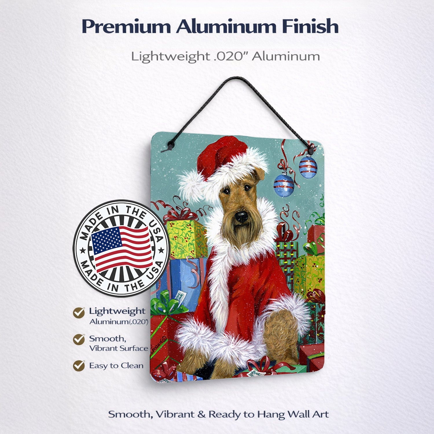 Airedale Santa Christmas Wall or Door Hanging Prints Aluminum Metal Sign Kitchen Wall Bar Bathroom Plaque Home Decor Front Door Plaque, 12x16, Multicolor