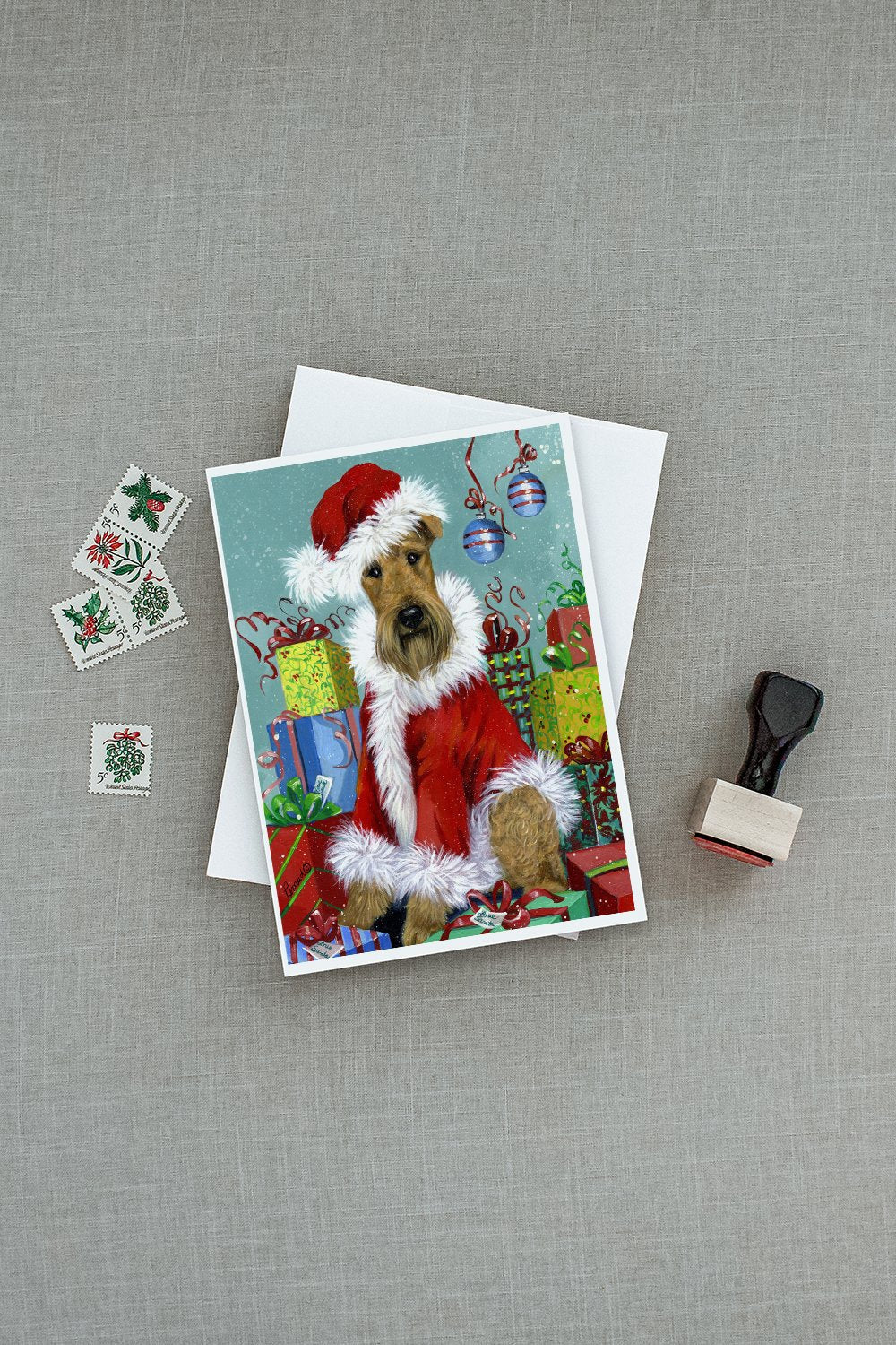 Airedale Santa Christmas Greeting Cards Pack of 8 Blank Cards with Envelopes Whimsical A7 Size 5x7
