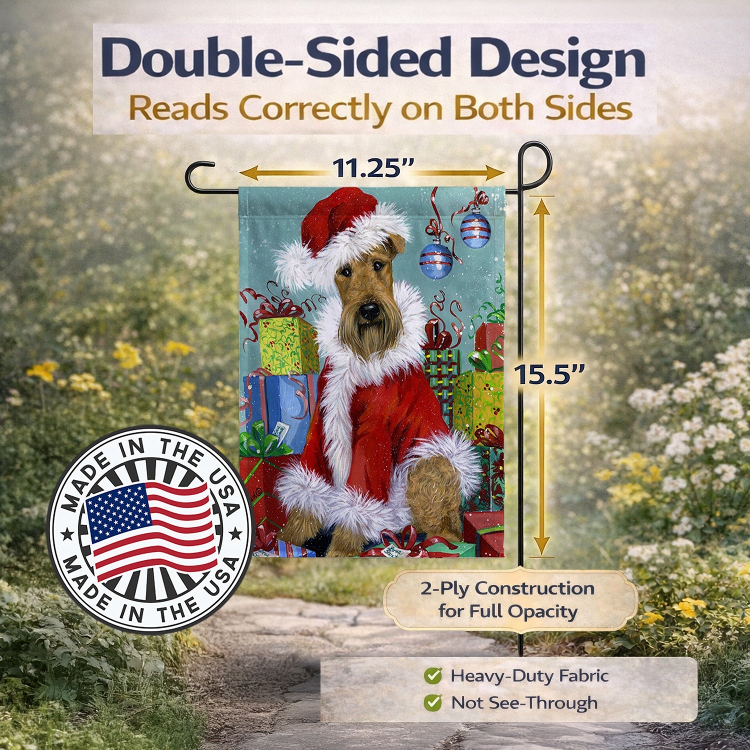 Airedale Santa Christmas Garden Flag Mailbox Decorative Yard Banner Outside Patio Artwork for Flower Beds, Garden Size, Multicolor