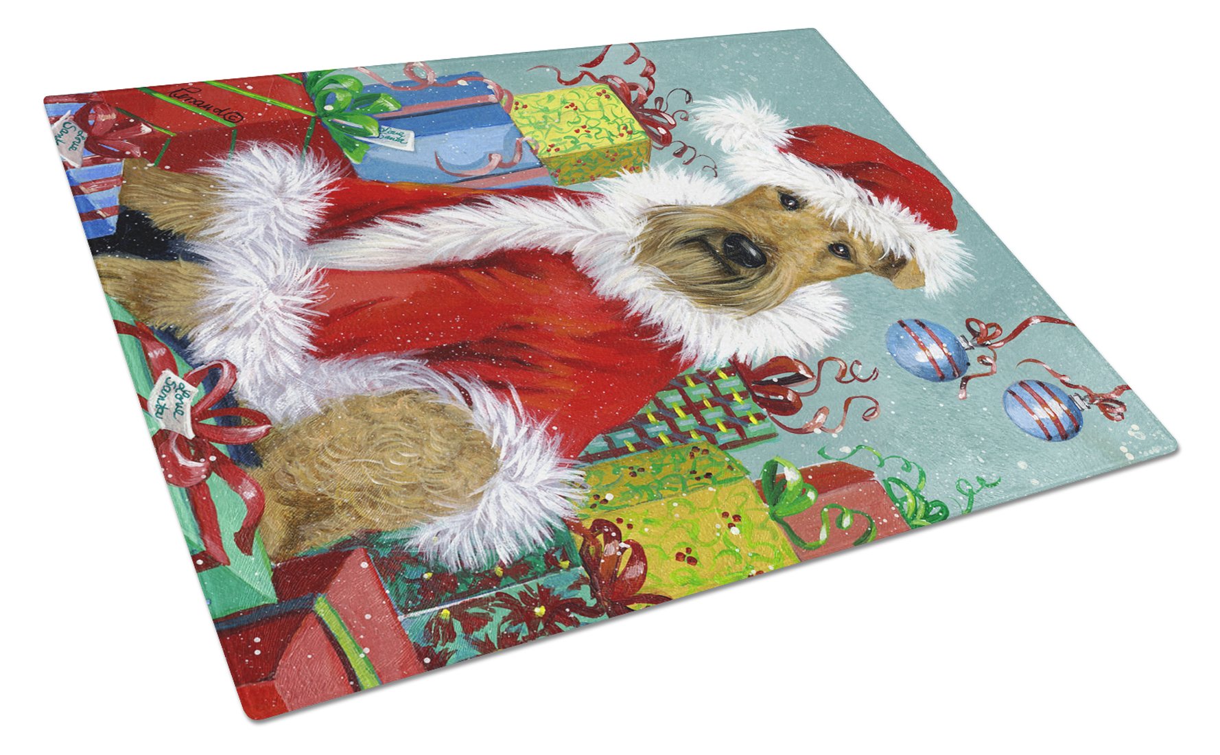 Airedale Santa Christmas Cutting Board Tempered Glass Kitchen Cutting Surface, Heat Resistant Chopping, Non-Slip Feet, Food Prep & Serving