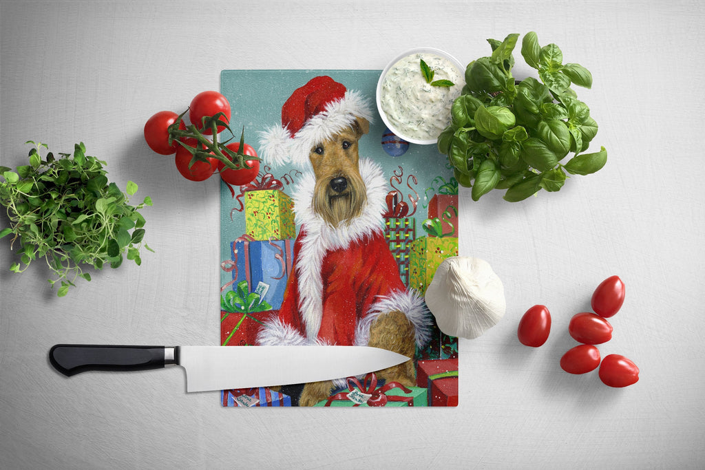 Airedale Santa Christmas Cutting Board Tempered Glass Kitchen Cutting Surface, Heat Resistant Chopping, Non-Slip Feet, Food Prep & Serving