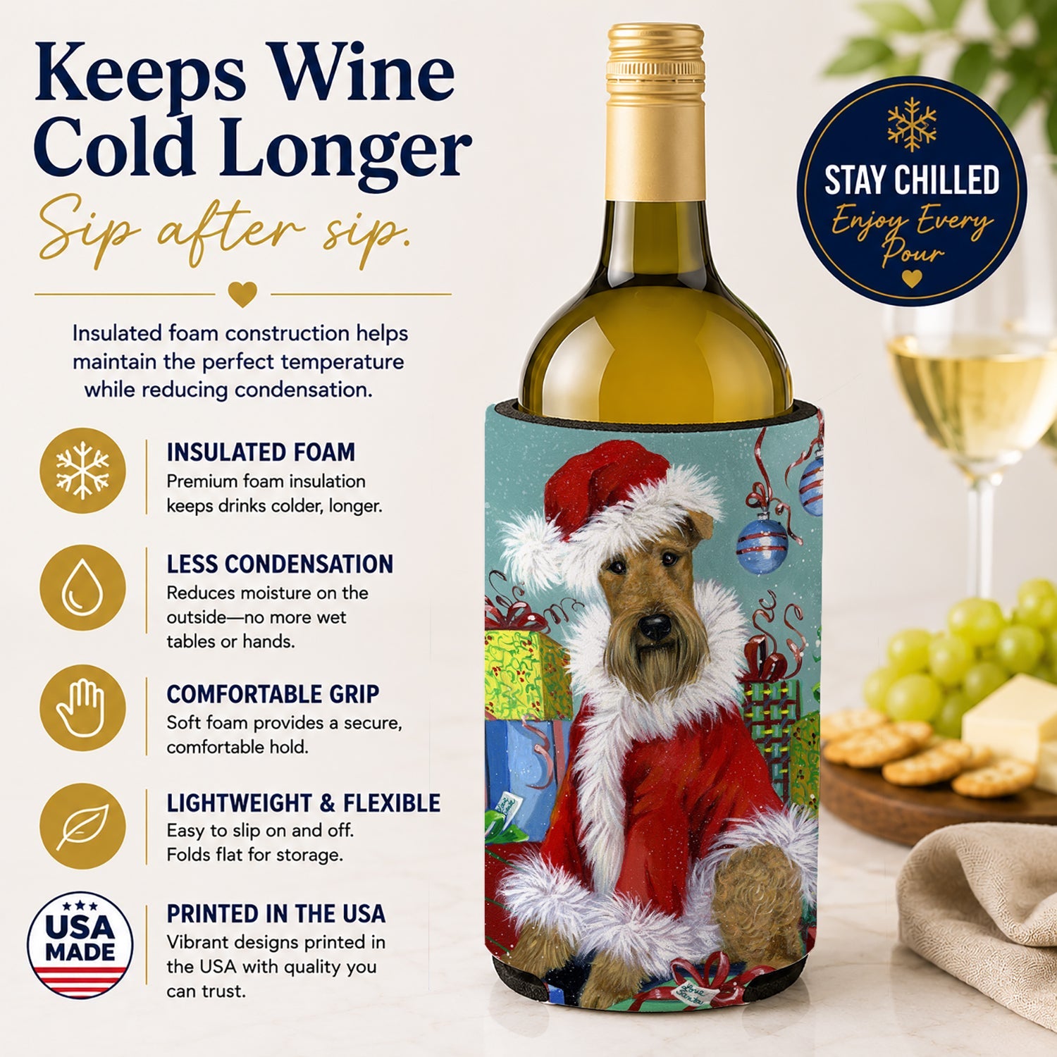 Airedale Santa Christmas Wine Bottle Hugger Gift Sleeve for Standard 750 ml Bottles, Insulated Reusable Also Fits Mini Shot & Pint Bottles