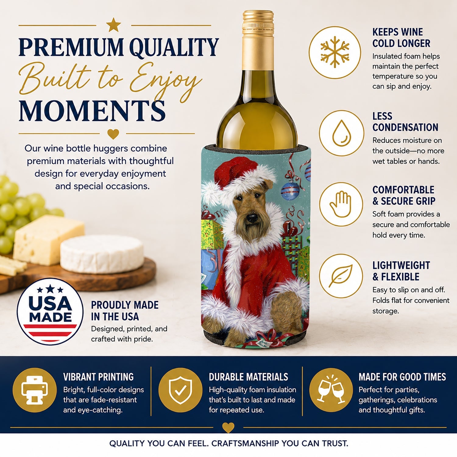 Airedale Santa Christmas Wine Bottle Hugger Gift Sleeve for Standard 750 ml Bottles, Insulated Reusable Also Fits Mini Shot & Pint Bottles