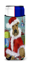 Airedale Santa Christmas Slim Can Hugger , Insulated Foam Hugger for 12 oz Slim Cans, Beer Bottles & Water Bottles, Printed in USA