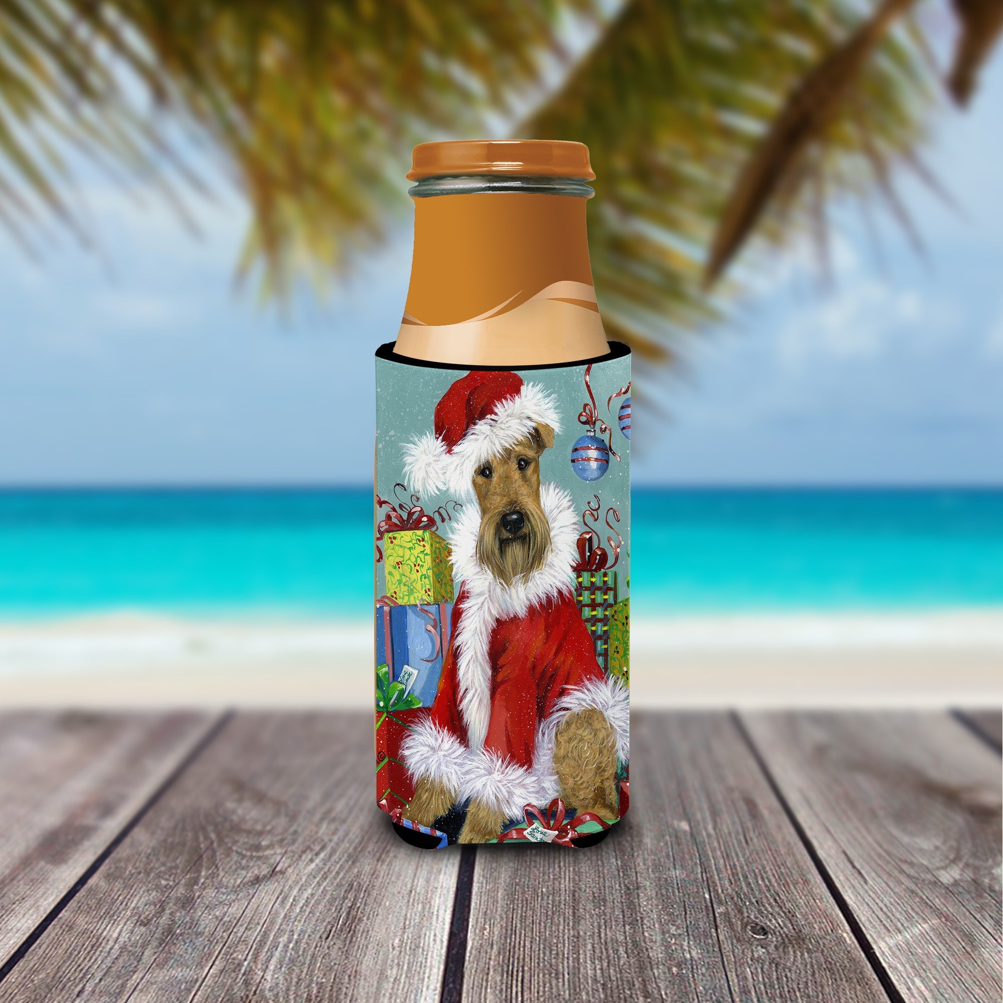 Airedale Santa Christmas Slim Can Hugger , Insulated Foam Hugger for 12 oz Slim Cans, Beer Bottles & Water Bottles, Printed in USA