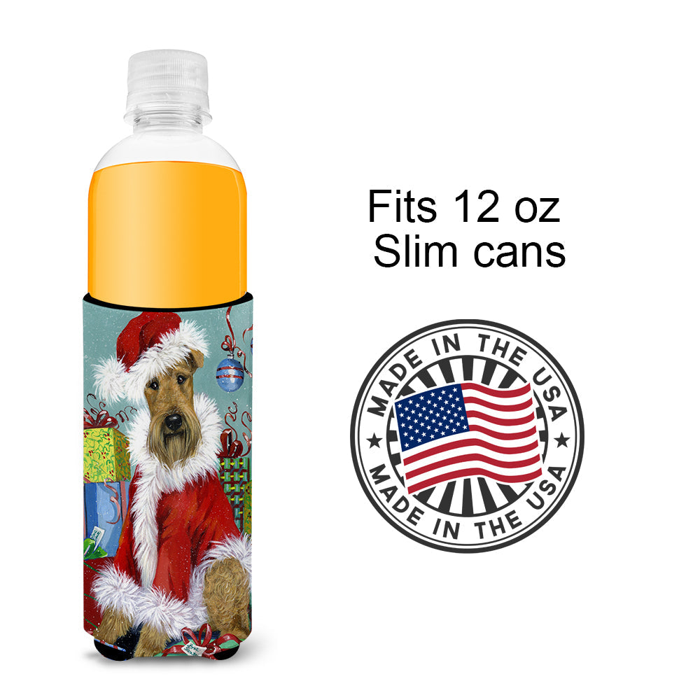 Airedale Santa Christmas Slim Can Hugger , Insulated Foam Hugger for 12 oz Slim Cans, Beer Bottles & Water Bottles, Printed in USA