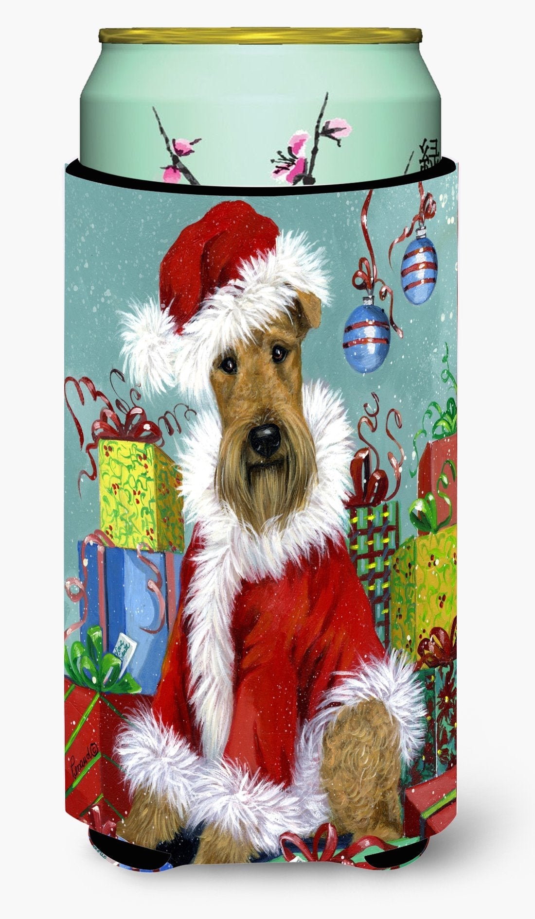 Airedale Santa Christmas Tall Boy Hugger Can Cooler Sleeve Machine Washable Drink Collapsible Insulator Beverage Insulated Holder