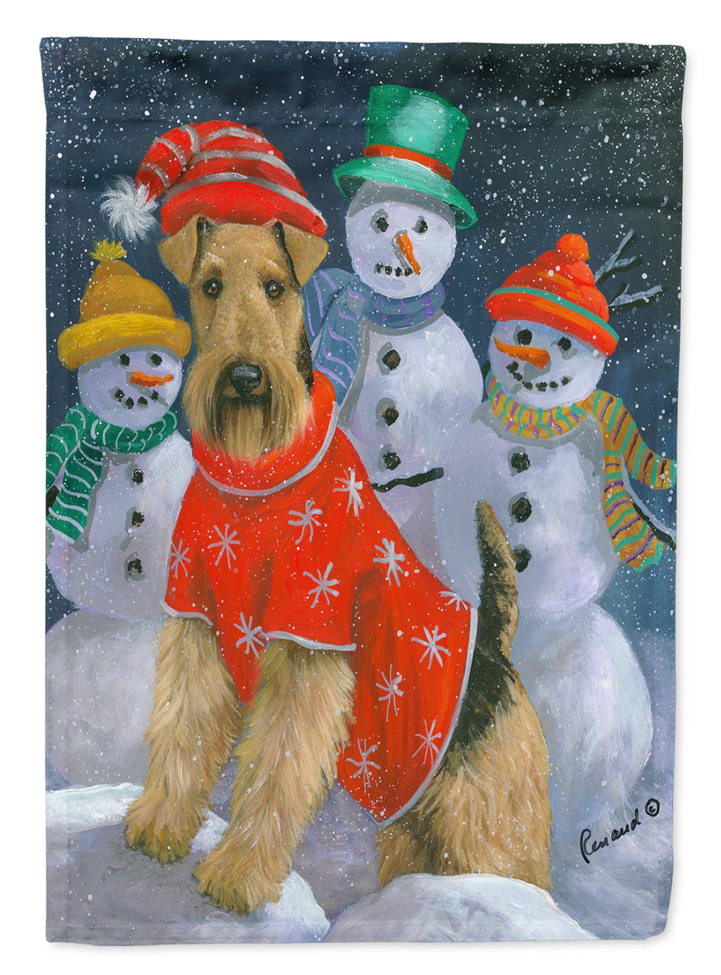 Airedale Snowpeople Christmas House Flag 28x40 Porch Sleeve Pole Decorative Outside Yard Banner Artwork Wall Hanging, Polyester