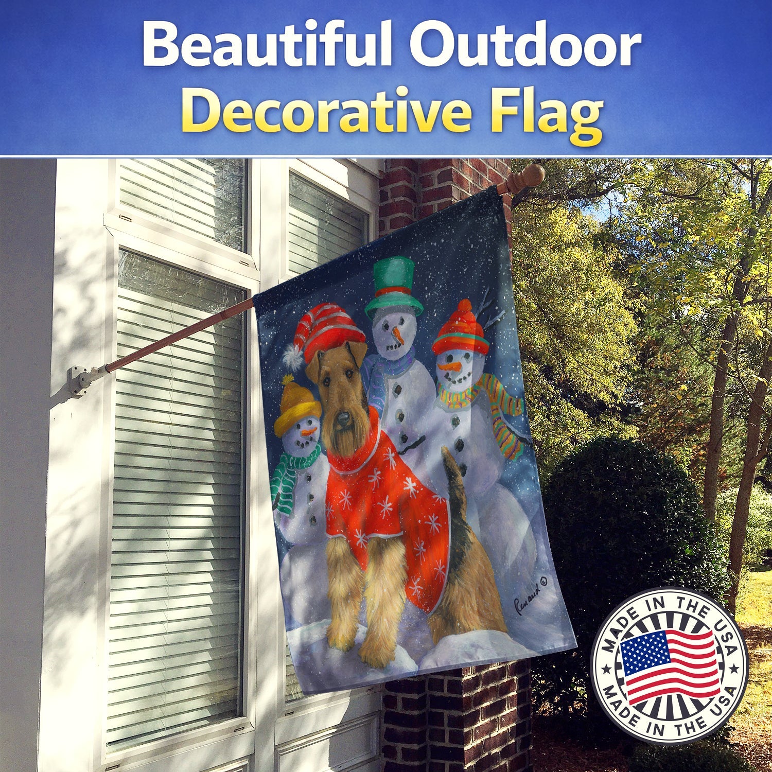 Airedale Snowpeople Christmas House Flag 28x40 Porch Sleeve Pole Decorative Outside Yard Banner Artwork Wall Hanging, Polyester