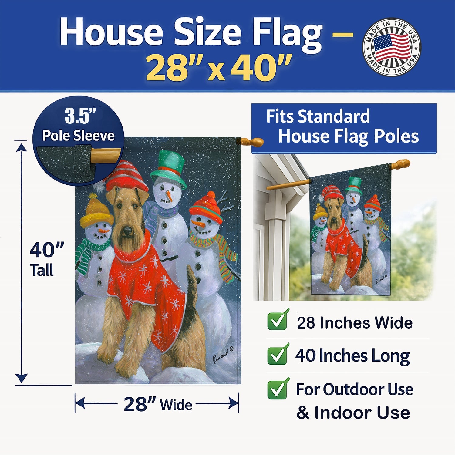 Airedale Snowpeople Christmas House Flag 28x40 Porch Sleeve Pole Decorative Outside Yard Banner Artwork Wall Hanging, Polyester