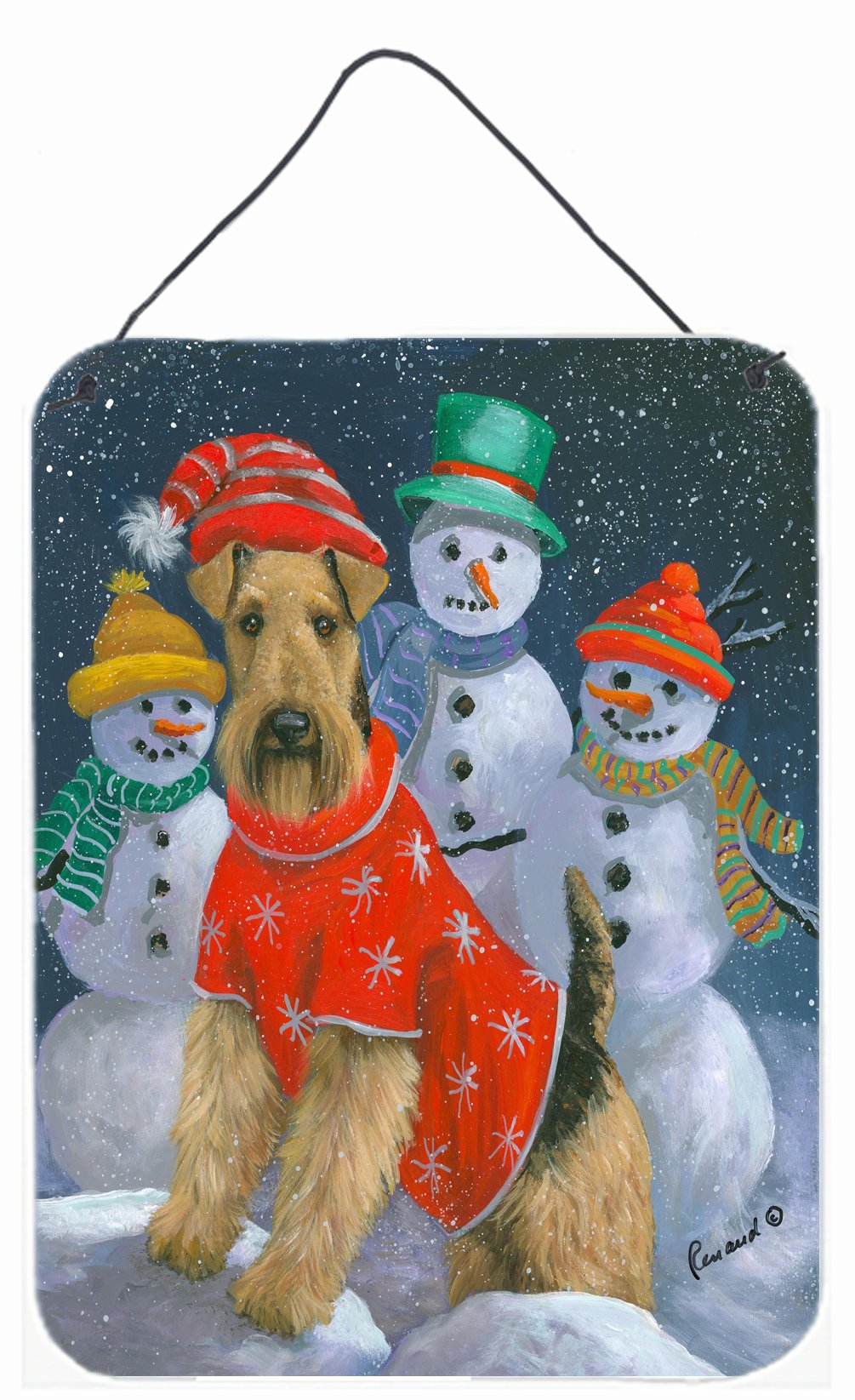 Airedale Snowpeople Christmas Wall or Door Hanging Prints Aluminum Metal Sign Kitchen Wall Bar Bathroom Plaque Home Decor Front Door Plaque, 12x16, Multicolor