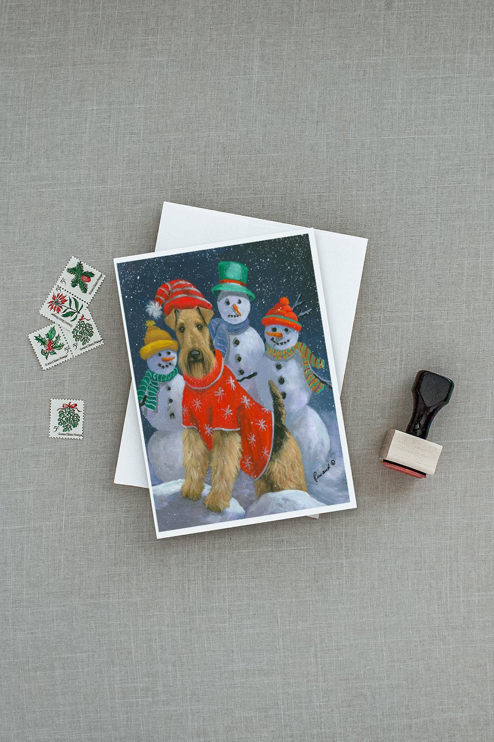 Airedale Snowpeople Christmas Greeting Cards Pack of 8 Blank Cards with Envelopes Whimsical A7 Size 5x7
