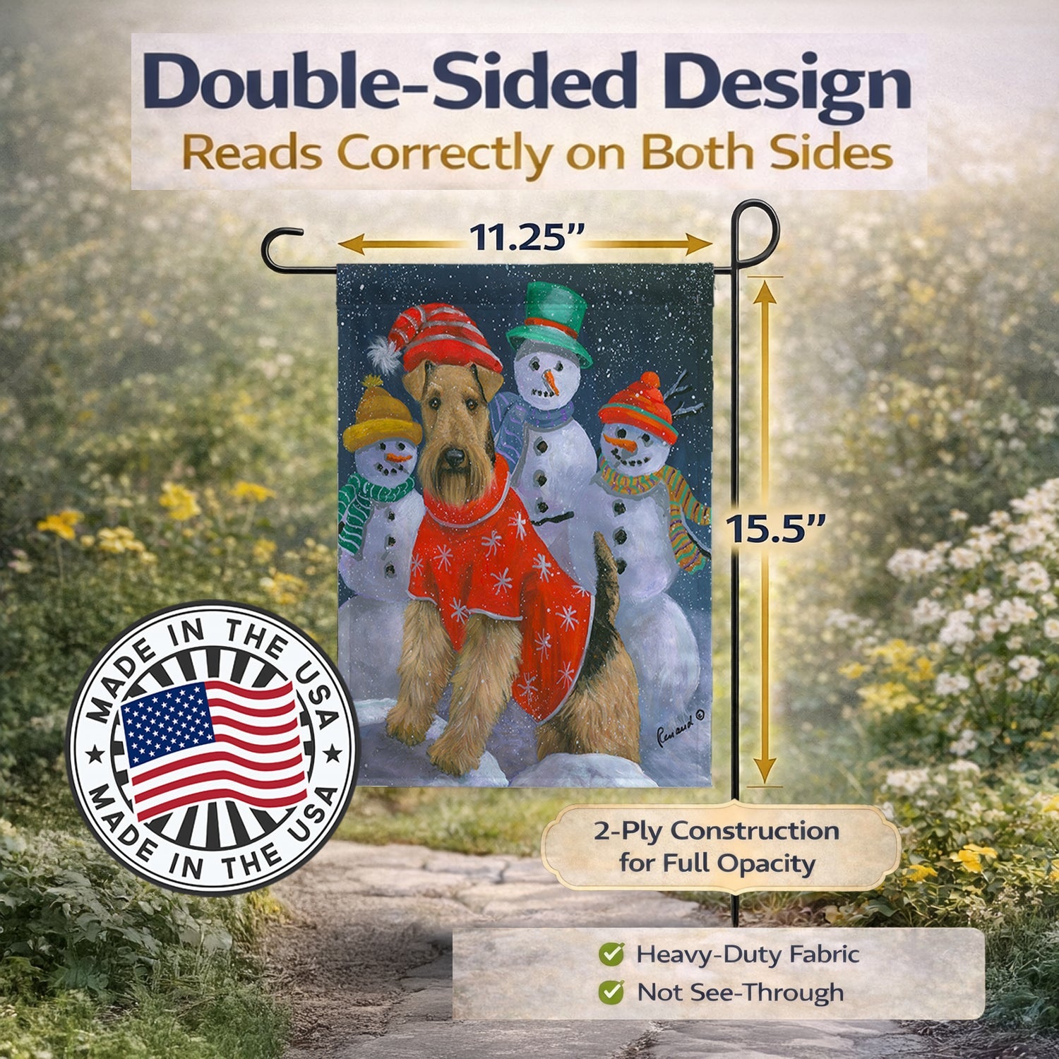 Airedale Snowpeople Christmas Garden Flag Mailbox Decorative Yard Banner Outside Patio Artwork for Flower Beds, Garden Size, Multicolor