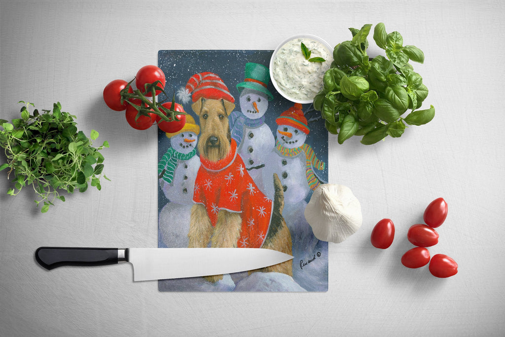 Airedale Snowpeople Christmas Cutting Board Tempered Glass Kitchen Cutting Surface, Heat Resistant Chopping, Non-Slip Feet, Food Prep & Serving