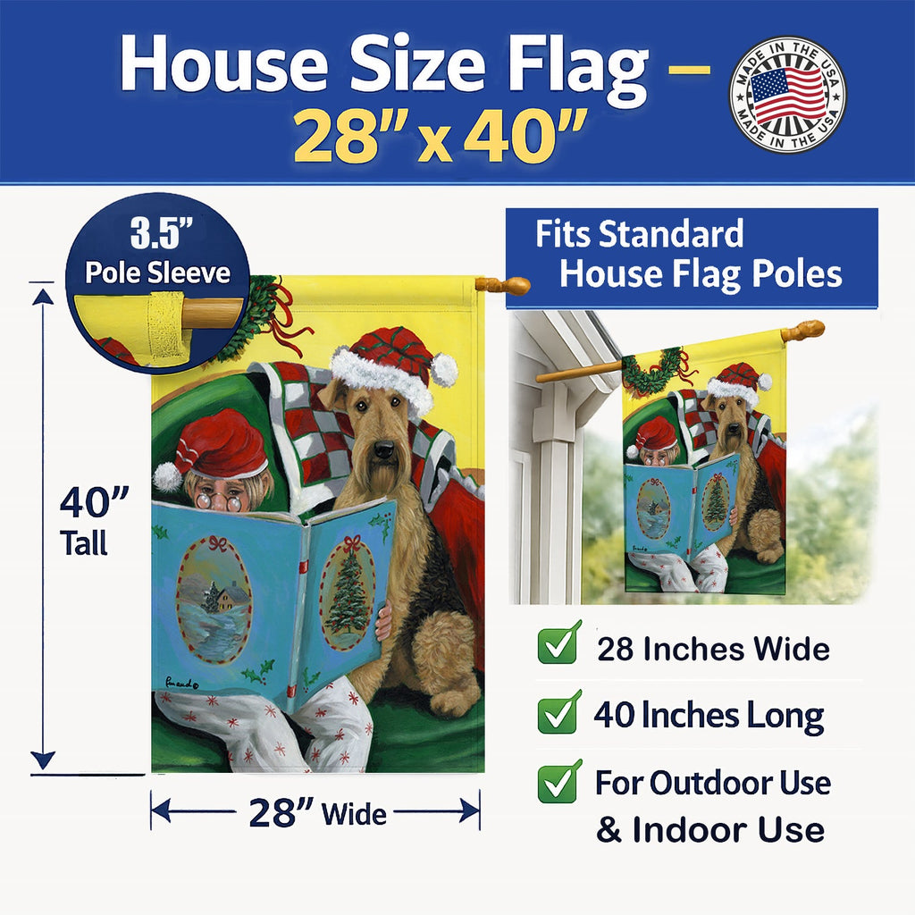 Airedale Storybook Tails Christmas House Flag 28x40 Porch Sleeve Pole Decorative Outside Yard Banner Artwork Wall Hanging, Polyester
