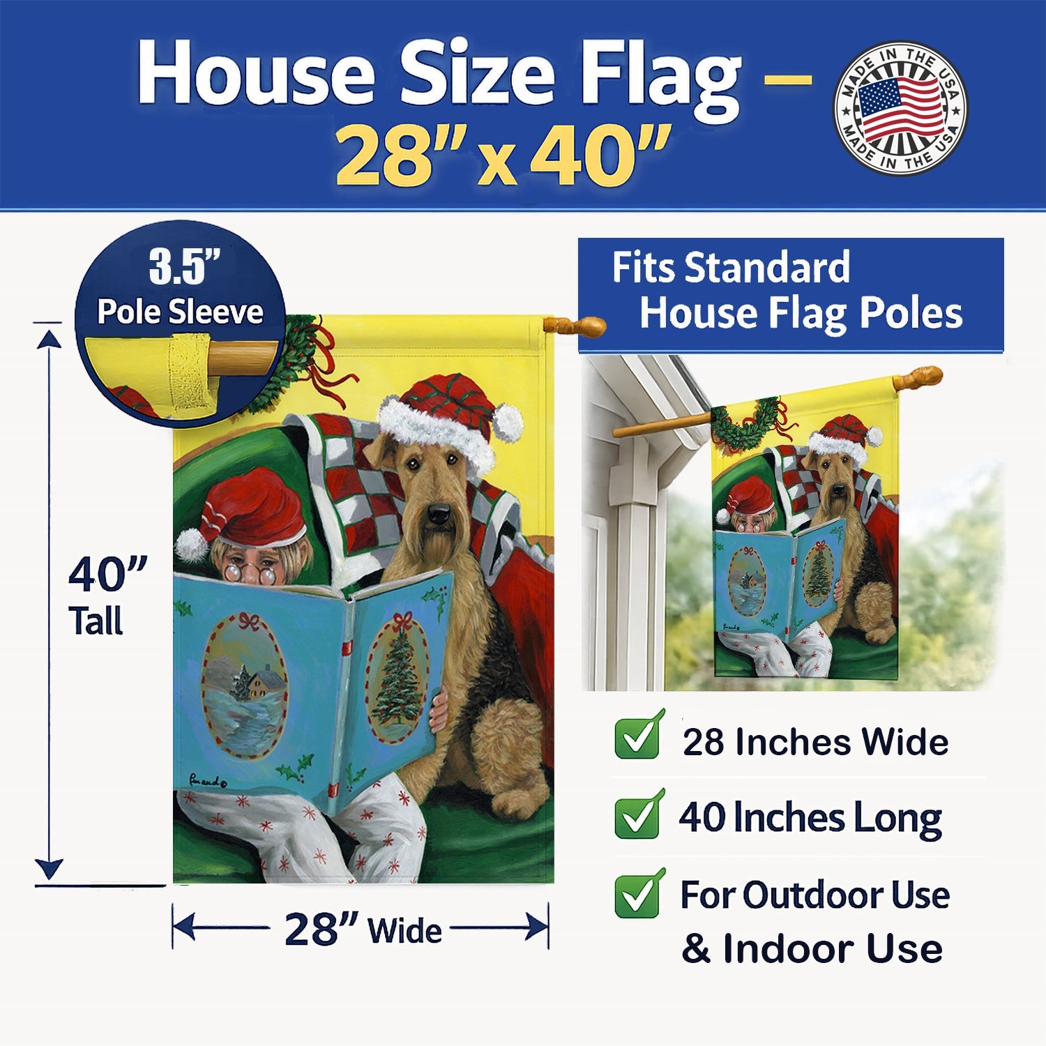 Airedale Storybook Tails Christmas House Flag 28x40 Porch Sleeve Pole Decorative Outside Yard Banner Artwork Wall Hanging, Polyester