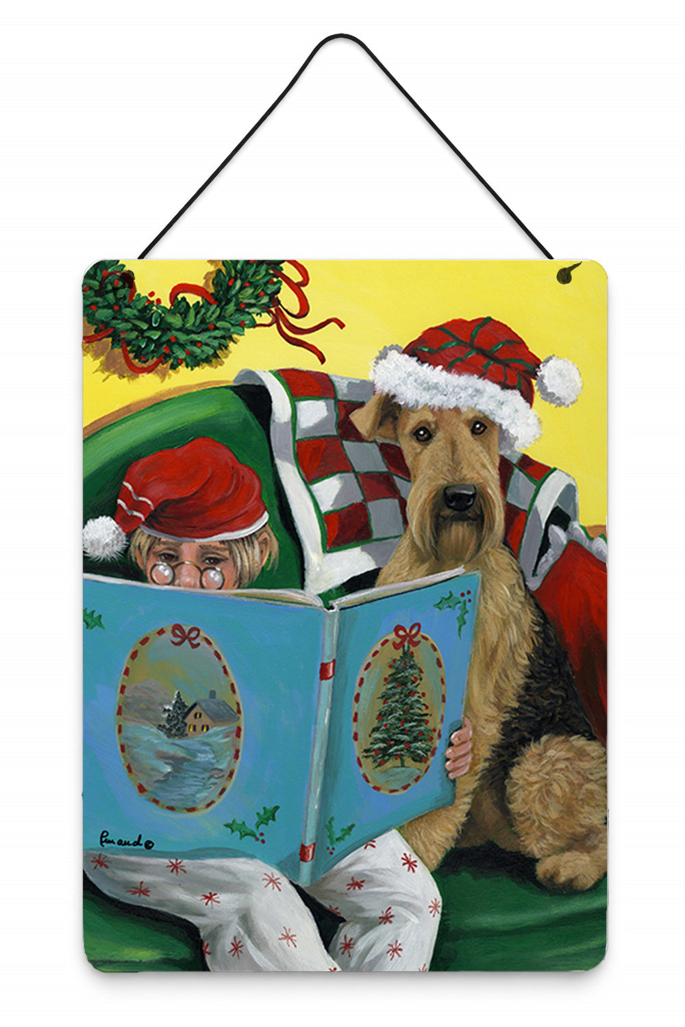 Airedale Storybook Tails Christmas Wall or Door Hanging Prints Aluminum Metal Sign Kitchen Wall Bar Bathroom Plaque Home Decor Front Door Plaque, 12x16, Multicolor
