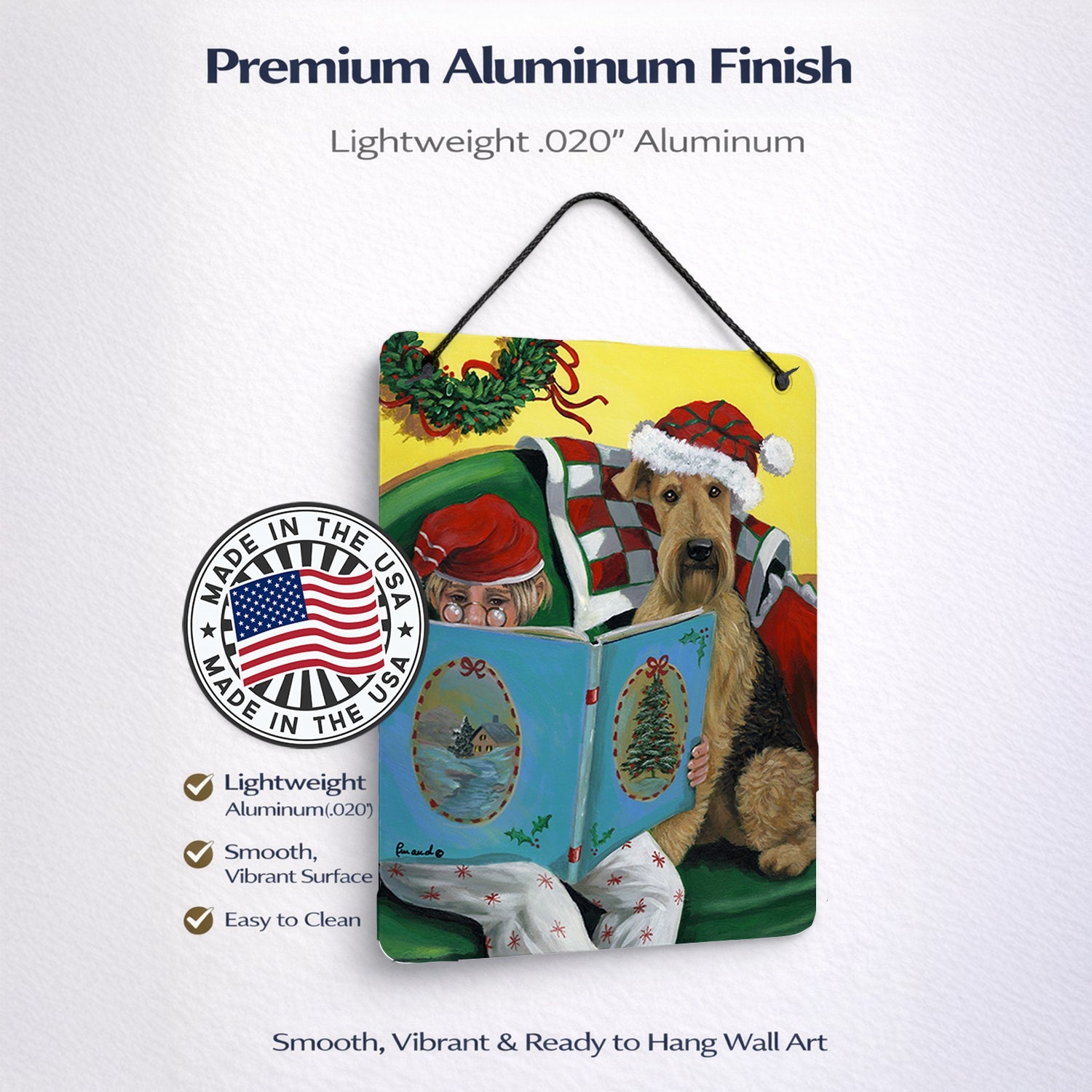 Airedale Storybook Tails Christmas Wall or Door Hanging Prints Aluminum Metal Sign Kitchen Wall Bar Bathroom Plaque Home Decor Front Door Plaque, 12x16, Multicolor