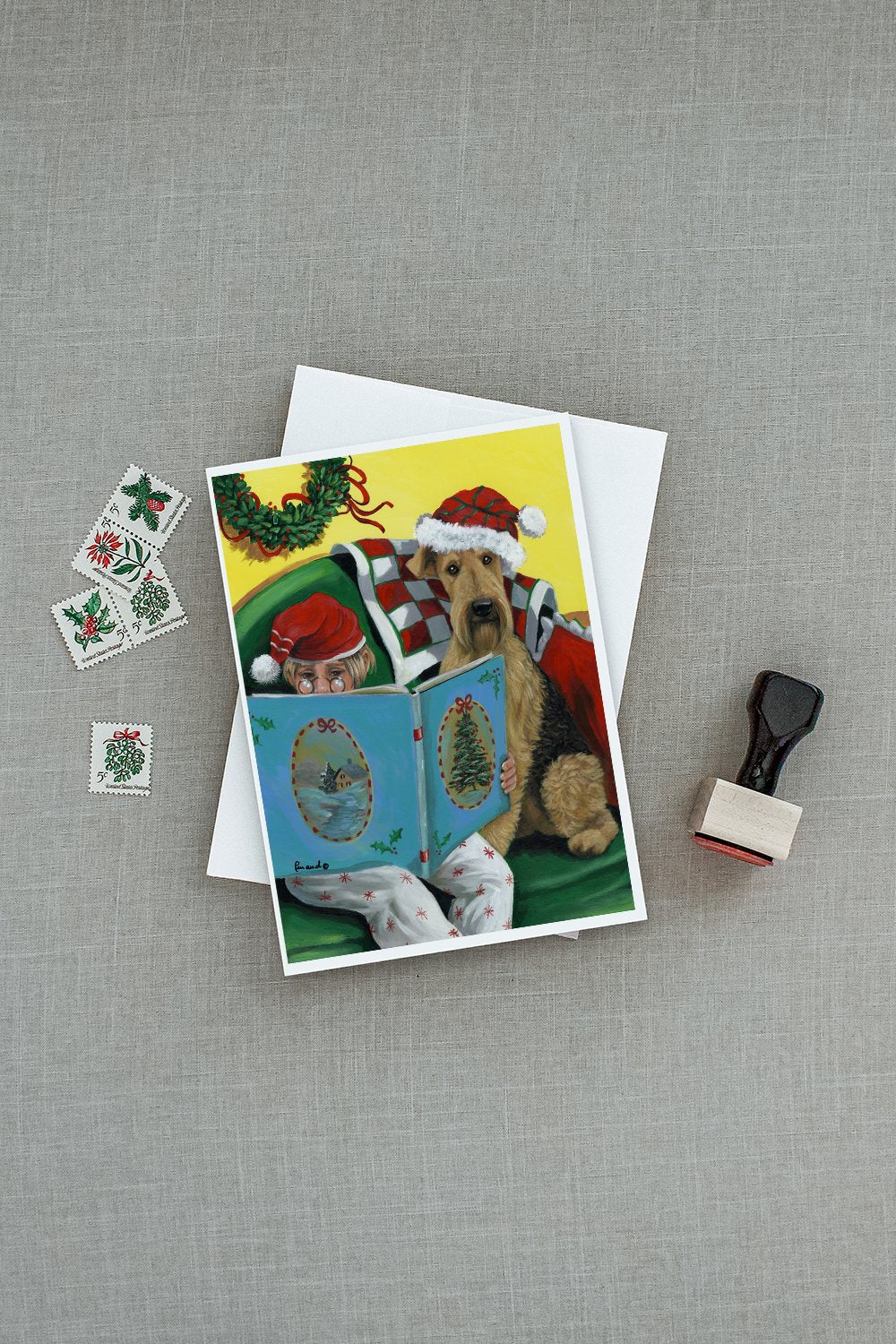Airedale Storybook Tails Christmas Greeting Cards Pack of 8 Blank Cards with Envelopes Whimsical A7 Size 5x7