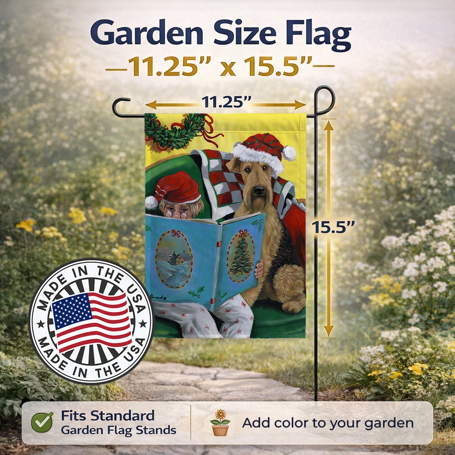 Airedale Storybook Tails Christmas Garden Flag Mailbox Decorative Yard Banner Outside Patio Artwork for Flower Beds, Garden Size, Multicolor