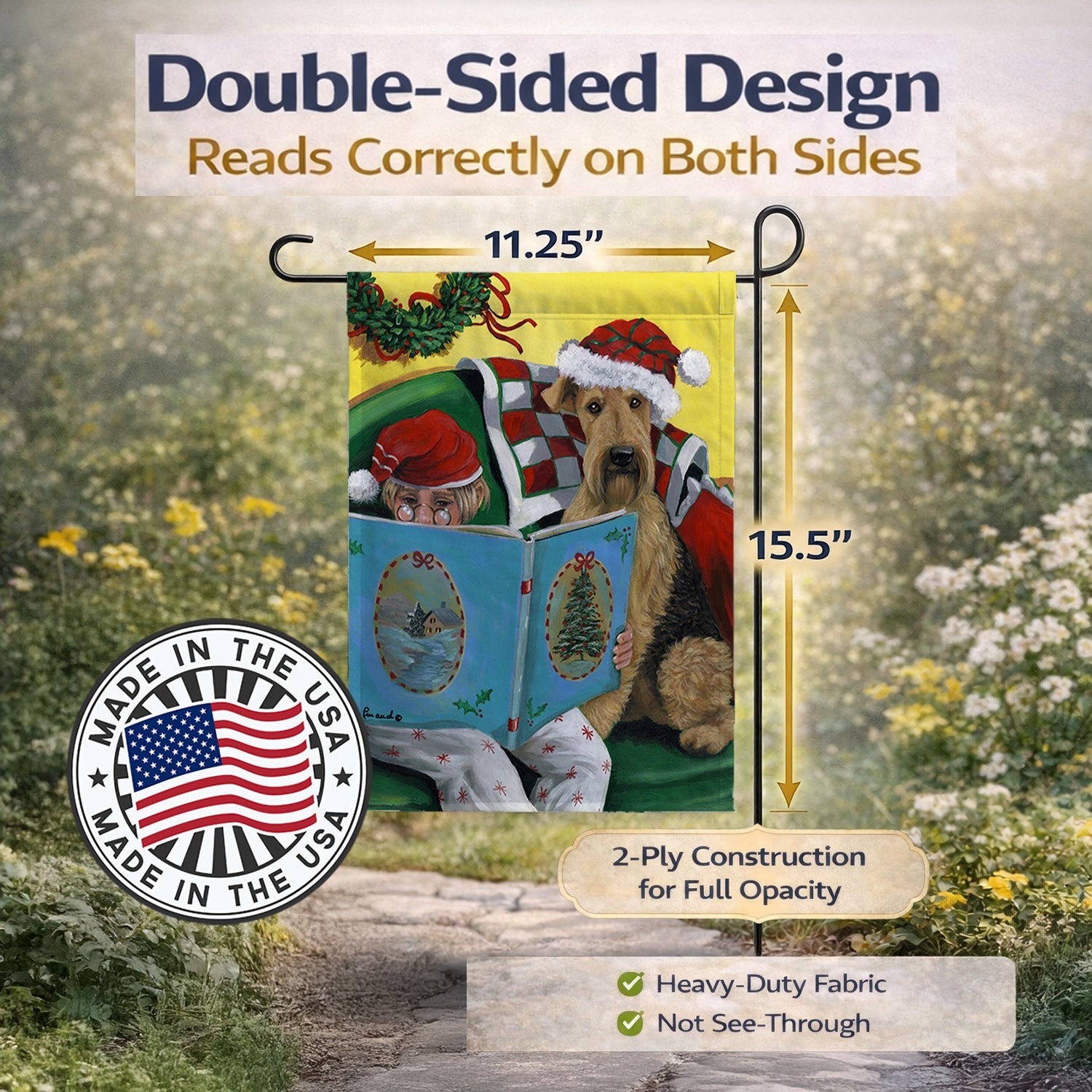 Airedale Storybook Tails Christmas Garden Flag Mailbox Decorative Yard Banner Outside Patio Artwork for Flower Beds, Garden Size, Multicolor