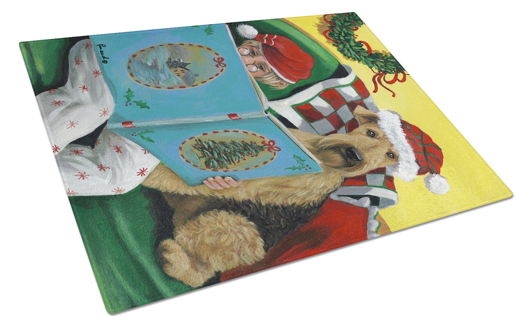 Airedale Storybook Tails Christmas Cutting Board Tempered Glass Kitchen Cutting Surface, Heat Resistant Chopping, Non-Slip Feet, Food Prep & Serving