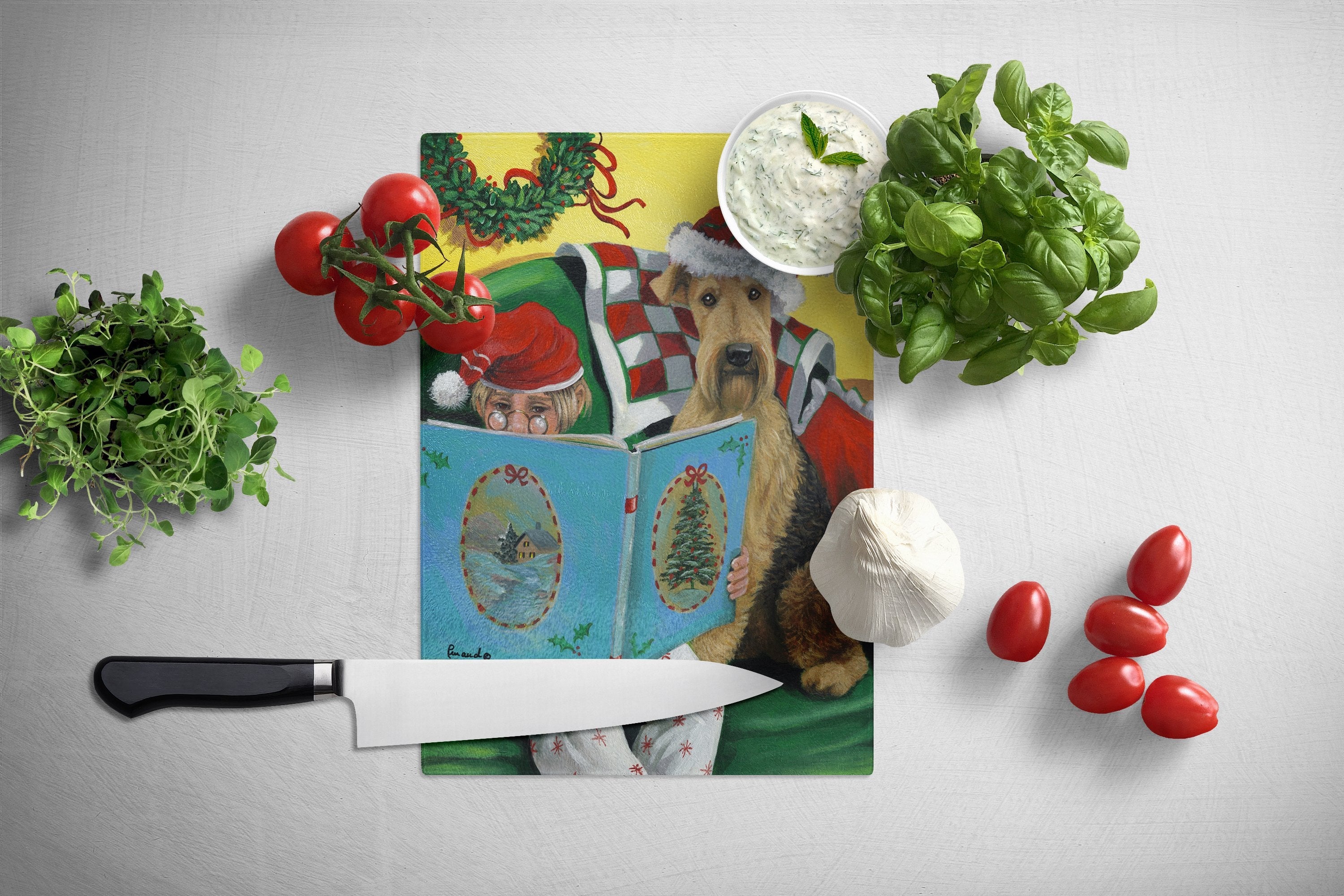 Airedale Storybook Tails Christmas Cutting Board Tempered Glass Kitchen Cutting Surface, Heat Resistant Chopping, Non-Slip Feet, Food Prep & Serving