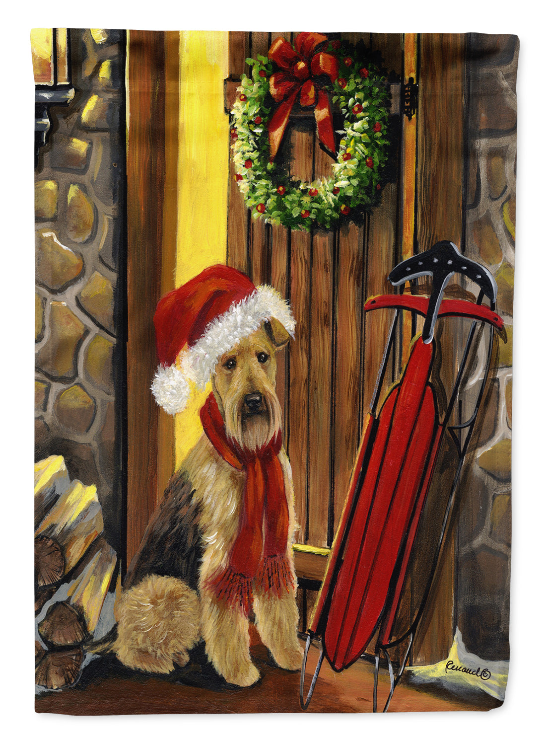 Airedale Welcome Home Christmas House Flag 28x40 Porch Sleeve Pole Decorative Outside Yard Banner Artwork Wall Hanging, Polyester