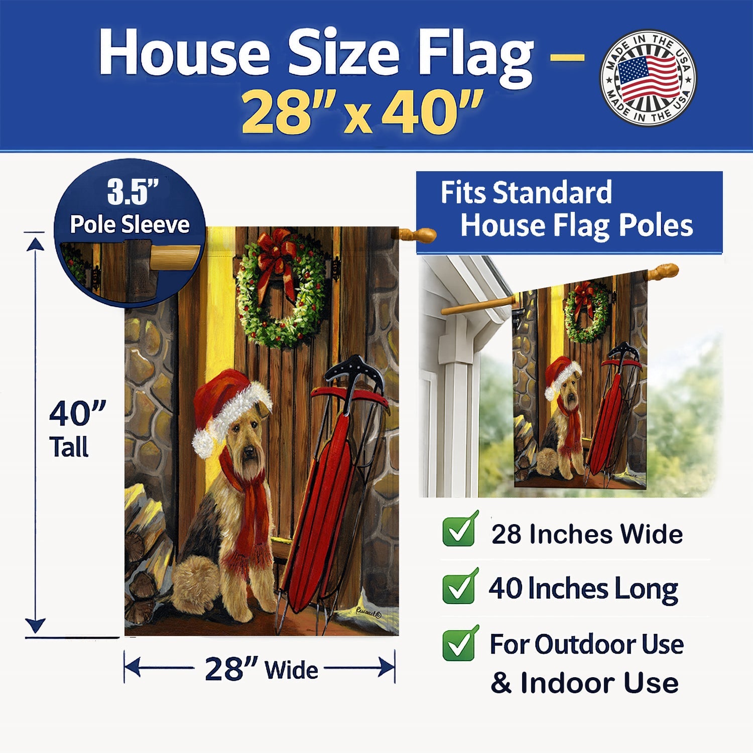 Airedale Welcome Home Christmas House Flag 28x40 Porch Sleeve Pole Decorative Outside Yard Banner Artwork Wall Hanging, Polyester