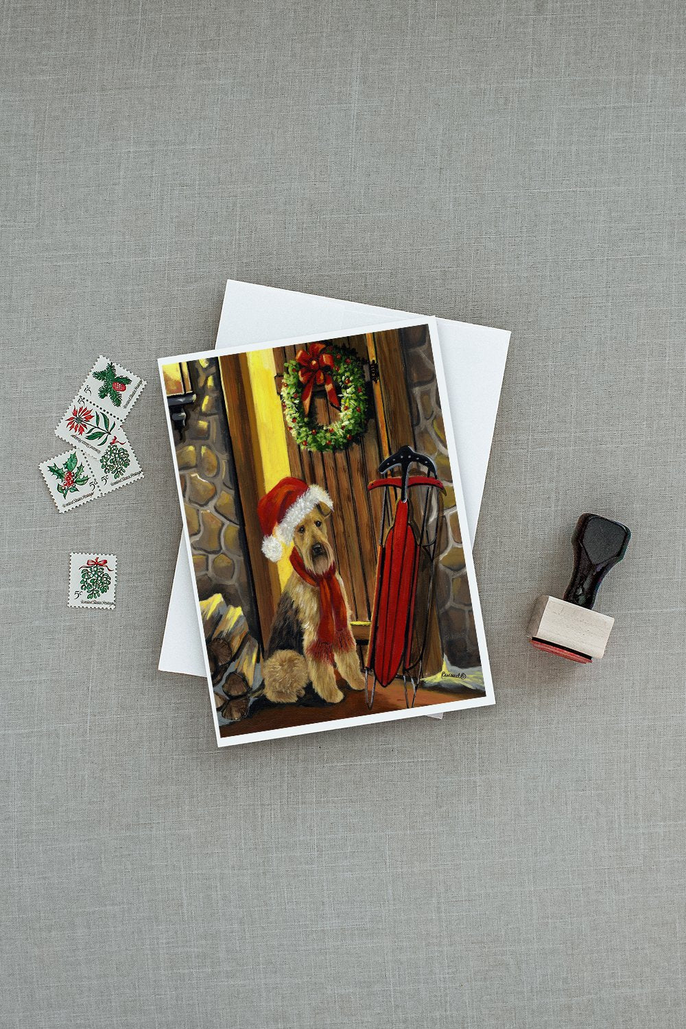 Airedale Welcome Home Christmas Greeting Cards Pack of 8 Blank Cards with Envelopes Whimsical A7 Size 5x7