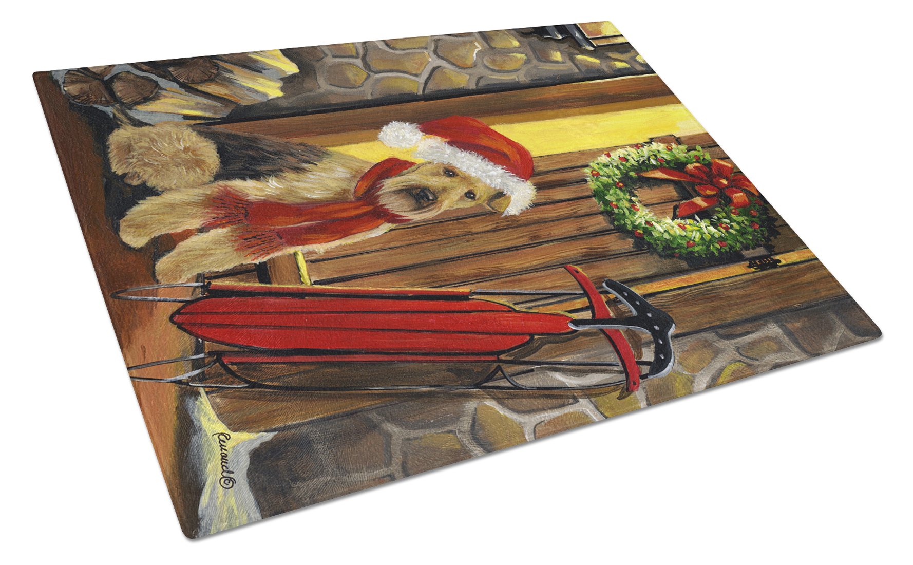 Airedale Welcome Home Christmas Cutting Board Tempered Glass Kitchen Cutting Surface, Heat Resistant Chopping, Non-Slip Feet, Food Prep & Serving