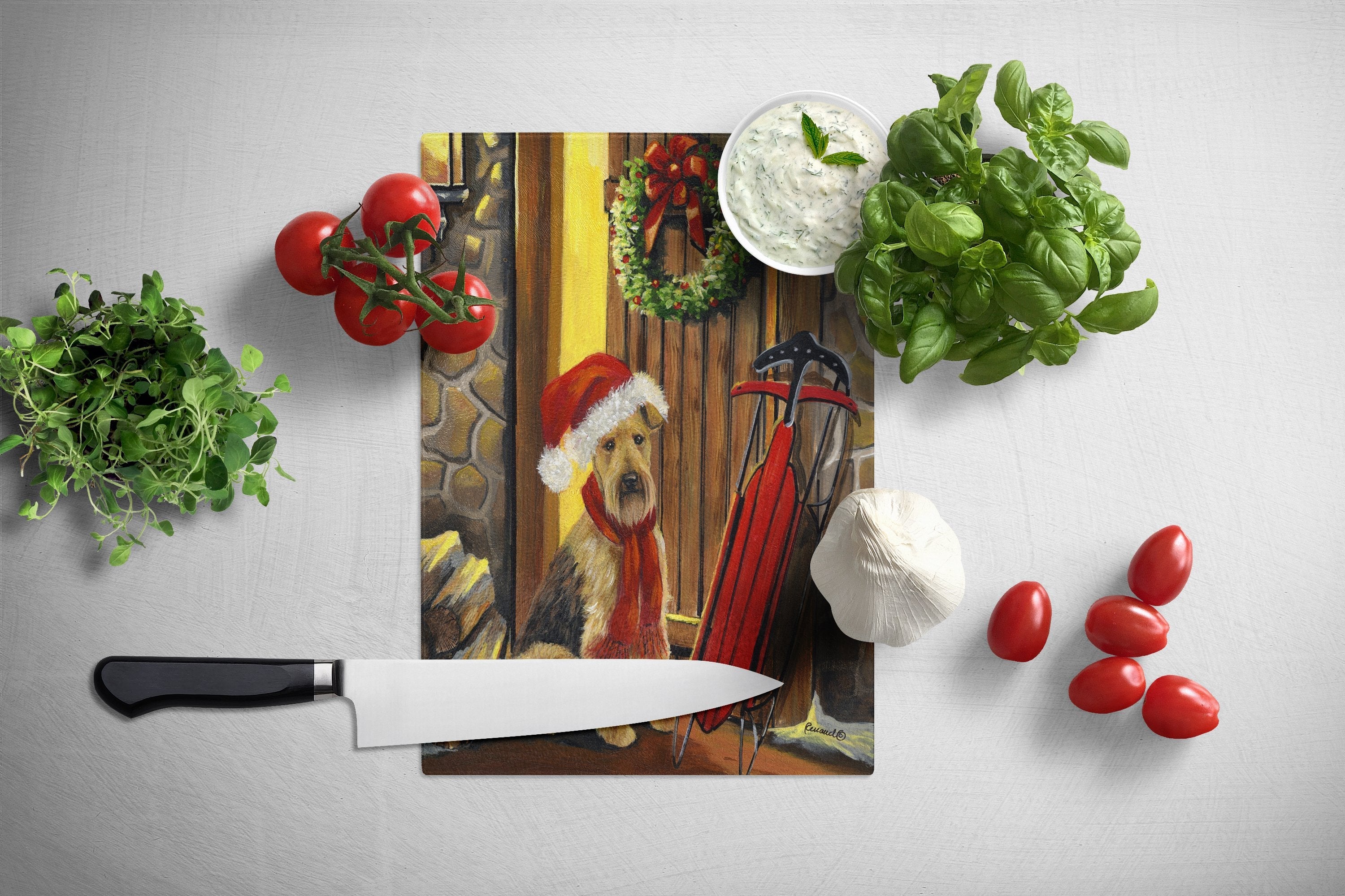Airedale Welcome Home Christmas Cutting Board Tempered Glass Kitchen Cutting Surface, Heat Resistant Chopping, Non-Slip Feet, Food Prep & Serving